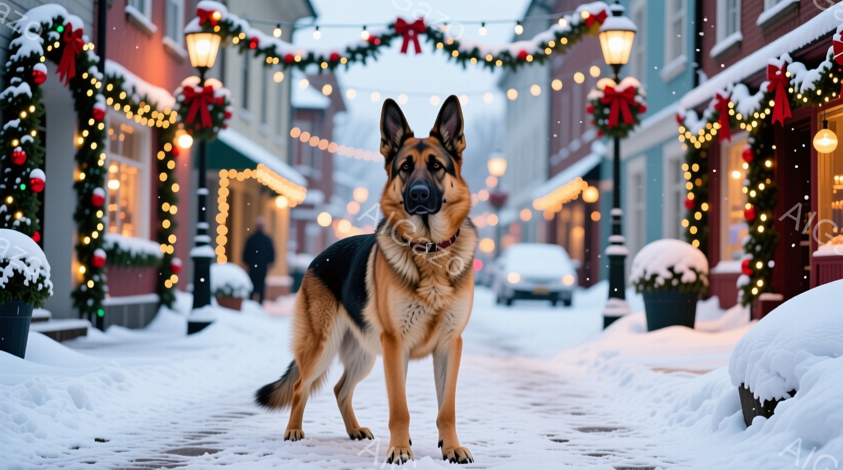 雪が降り積もる街並みの通りに、ジャーマンシェパードが立っている。道路の両側には、クリスマス装飾が施された植木鉢や、キラキラと輝く電飾が飾られ、冬の温かい雰囲気を醸し出している。犬は前足をわずかに開き、まっすぐ前を見据え、凛とした佇まいを見せている。