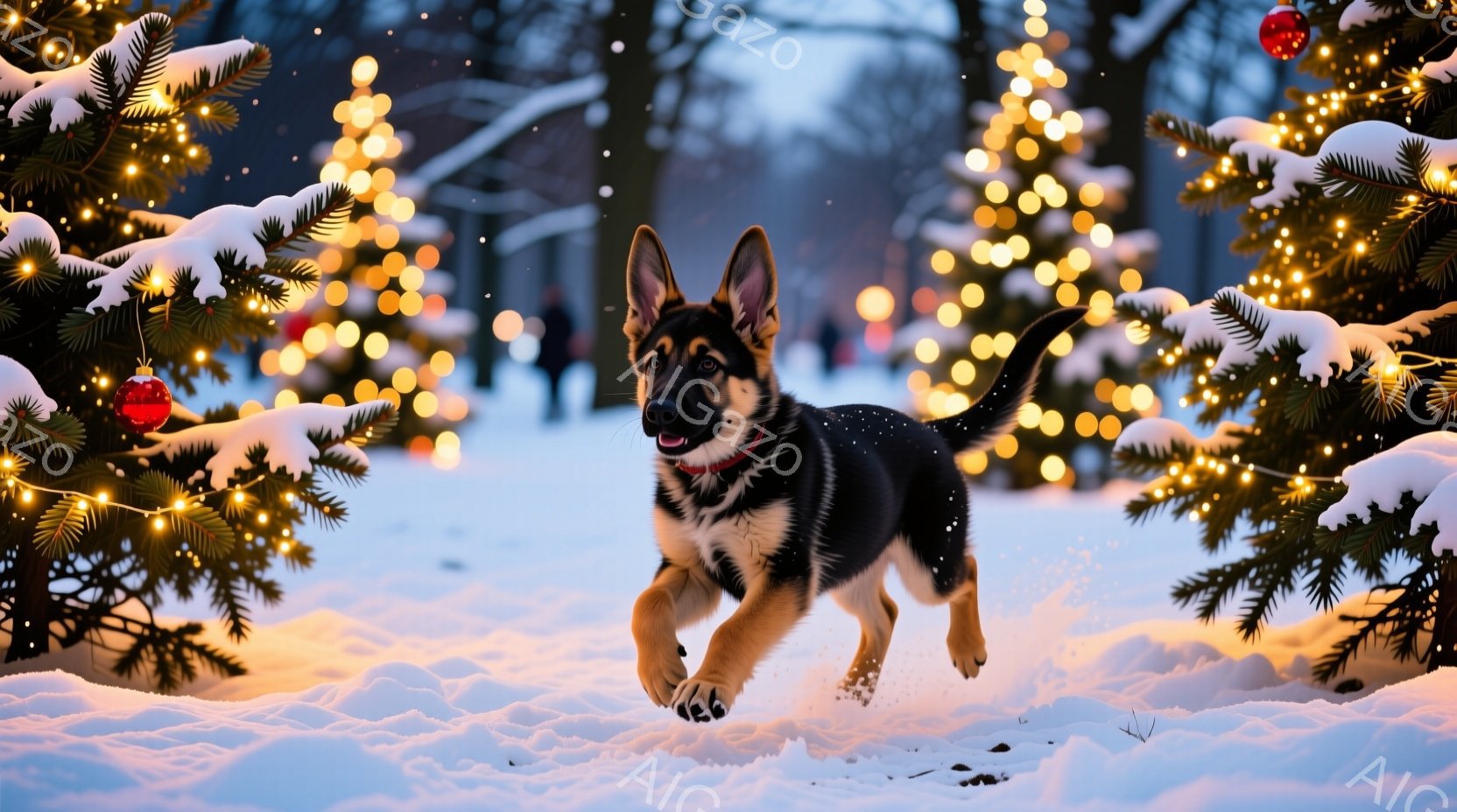 雪に覆われた風景の中に、ドイツシェパードの子犬が駆けている。背景にはクリスマスツリーのような木々がイルミネーションで飾られ、冬の暖かく幻想的な雰囲気を醸し出している。雪景色と明るい光が合わさり、喜びと - AI生成フリー素材