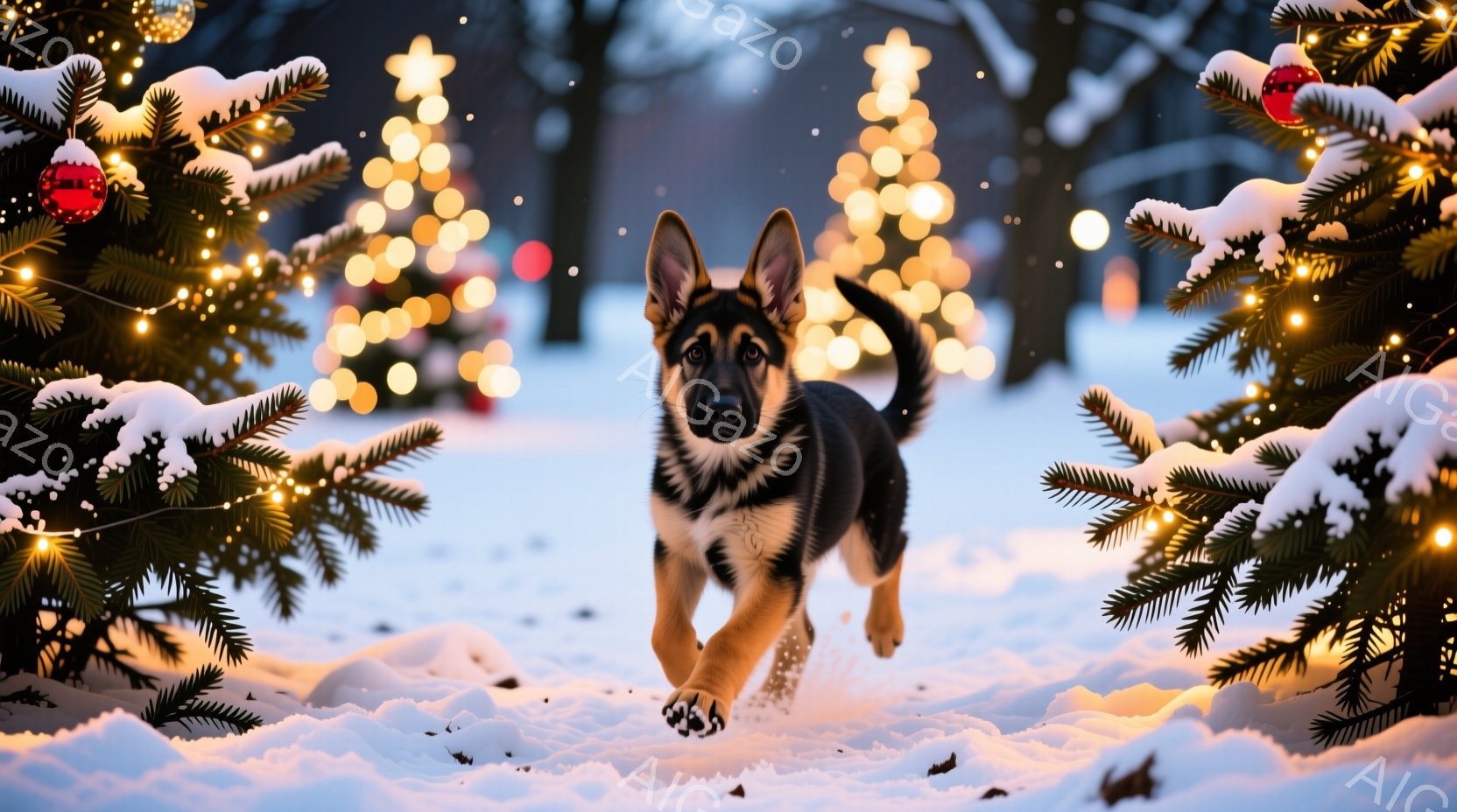 雪景色の中で、ジャーマンシェパードの子犬が勢いよく駆けている。背景には、キラキラと輝く電飾で飾られたクリスマスツリーがぼんやりと見え、冬の暖かく幻想的な雰囲気を醸し出している。雪に覆われた地面と、フレームを彩るクリスマスツリーの葉が、この子犬の活発な動きを際立たせている。