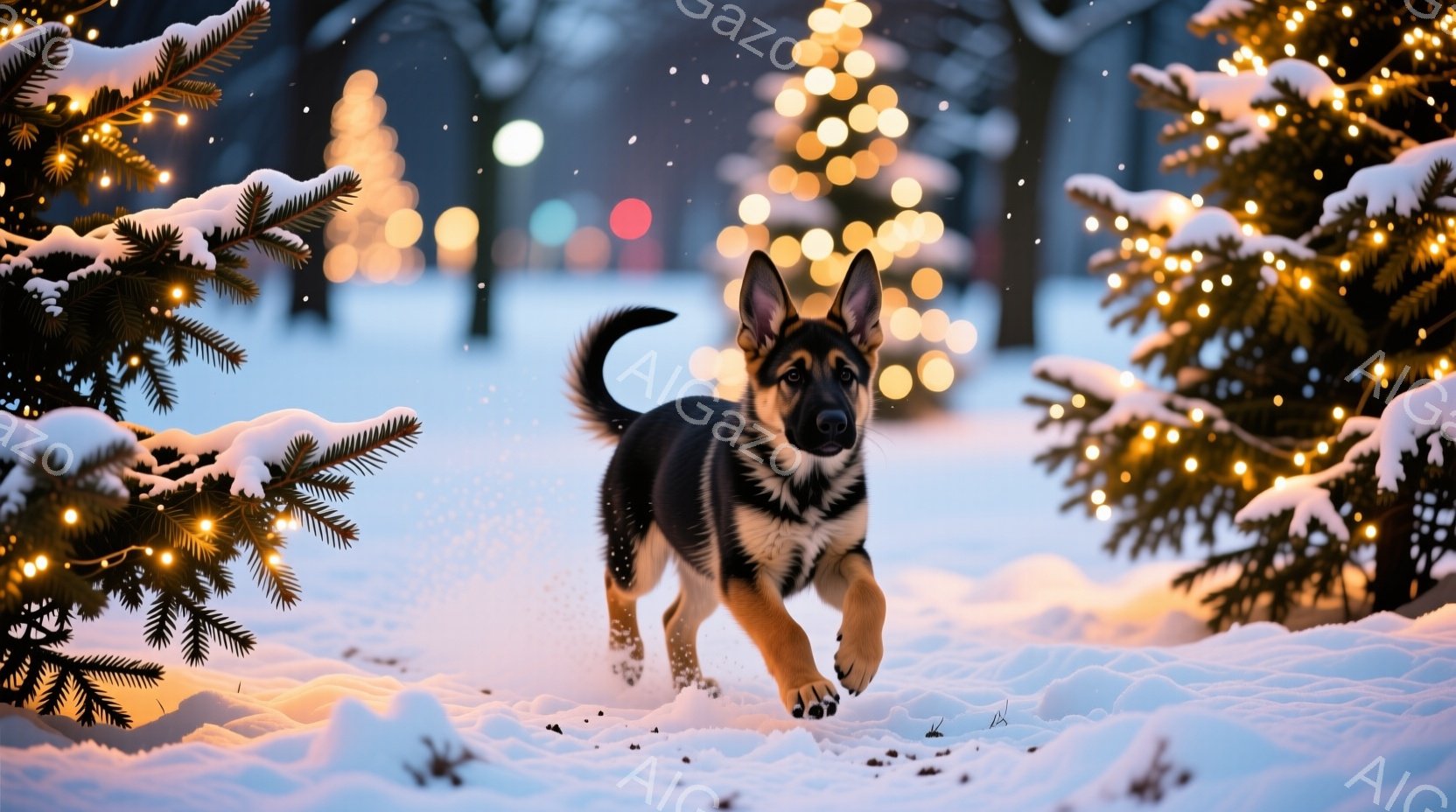 雪景色の中に、ドイツシェパードの子犬が勢いよく走っている。背景には、クリスマスツリーのような飾り付けがされた木々がぼんやりと光り、雪が舞っている様子が伺える。暖色系の光が雪景色に温かみを与え、可愛らし - AI生成フリー素材