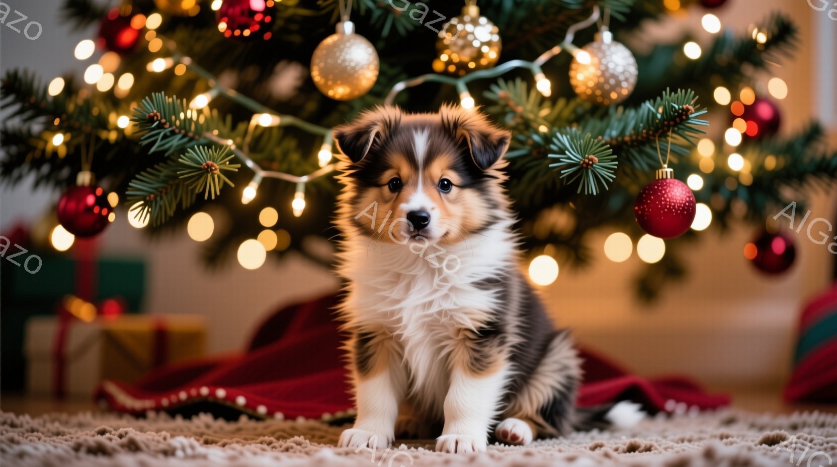 小さなシェットランドシープドッグの子犬が、カーペットの上に座ってこちらを見ています。背景には、飾り付けられたクリスマスツリーとプレゼントの箱がぼんやりと見え、温かく幸せな雰囲気を醸し出しています。子犬 - AI生成フリー素材