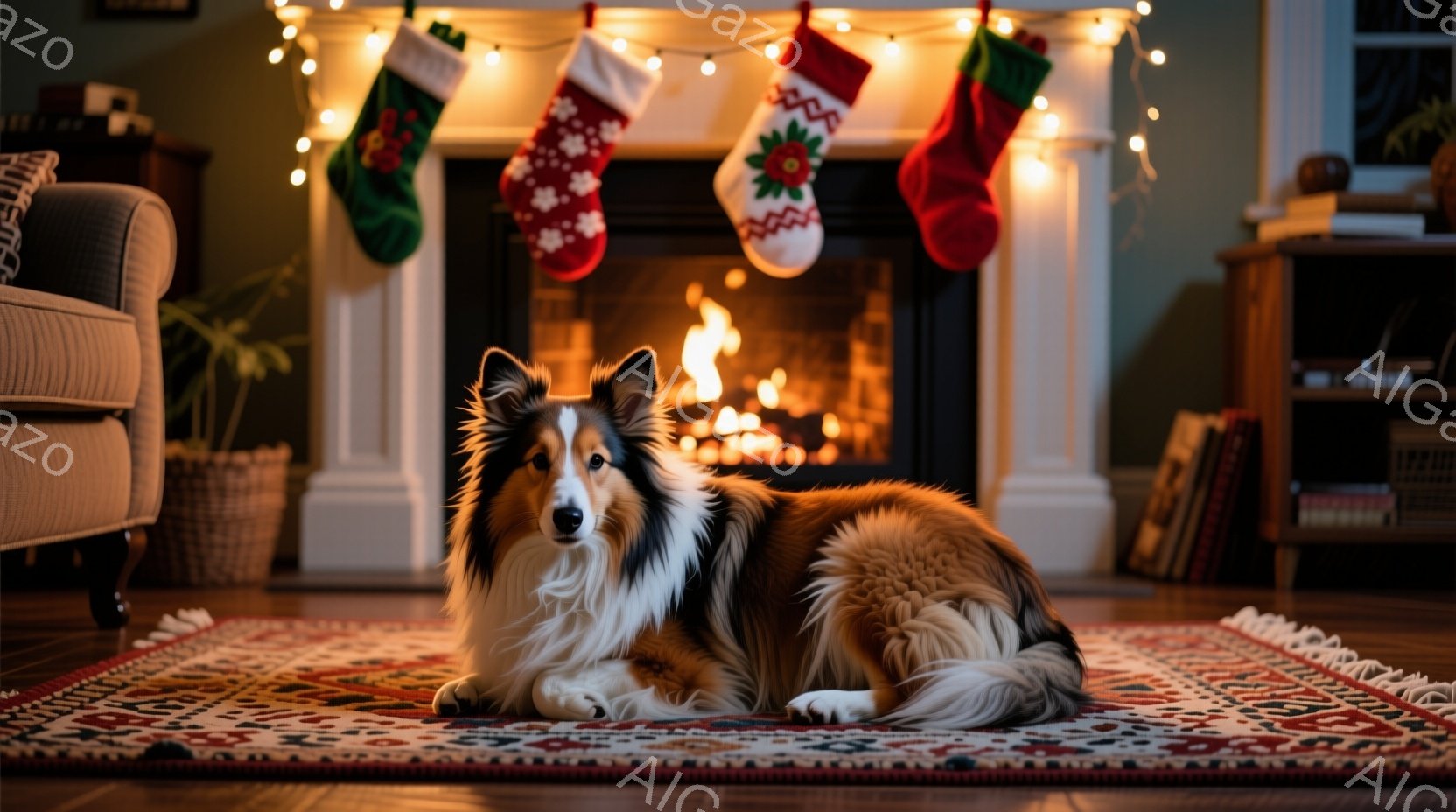 長毛のコリー犬が、毛糸のような敷物の上でリラックスして横たわっています。背後には木製の壁と家具が見え、暖炉の光とテーブルランプが室内を照らし、温かく落ち着いた雰囲気を醸し出しています。犬は正面を向き、穏やかな表情でカメラを見つめており、室内全体が冬の暖炉の温かさを感じさせる空間となっています。
