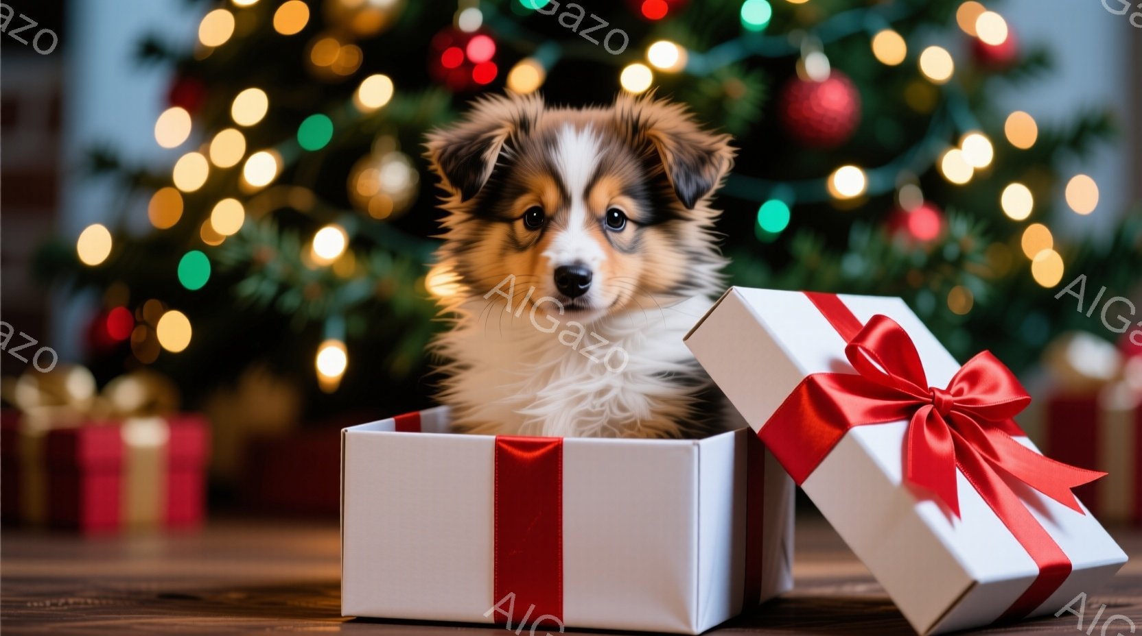 小さな白いギフトボックスの中に、ふわふわの茶色と白の毛並みをした子犬が丸まって座っています。子犬は明るい目をしてカメラを見つめており、可愛らしい表情をしています。背景にはぼやけたクリスマスツリーの光が - AI生成フリー素材