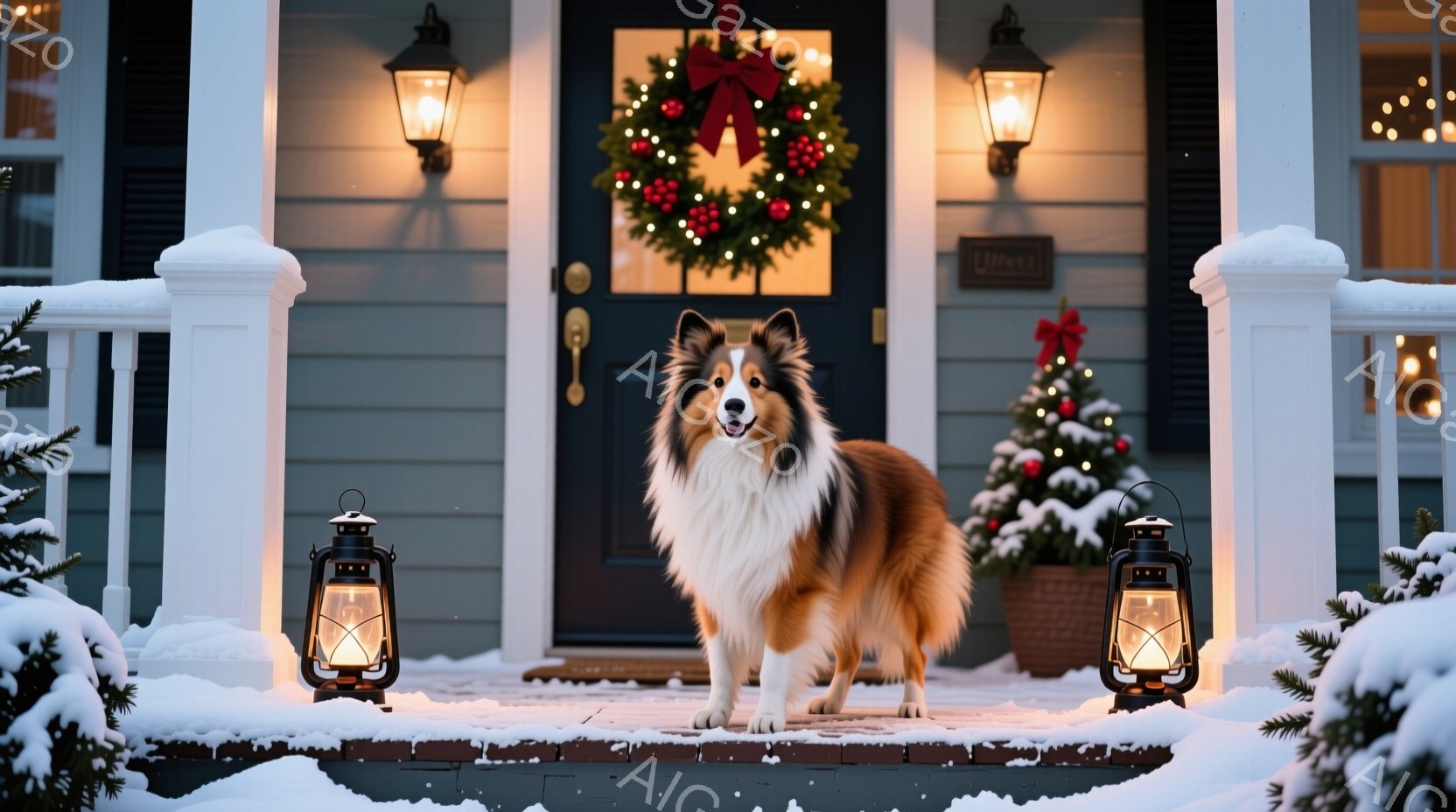 雪に覆われた家の正面玄関に、毛並みの美しいシェットランドシープドッグが凛々と立っている。正面玄関にはクリスマスリースが飾られ、両脇には灯りがともったランタンが置かれている。雪景色と温かい光が、穏やかで - AI生成フリー素材