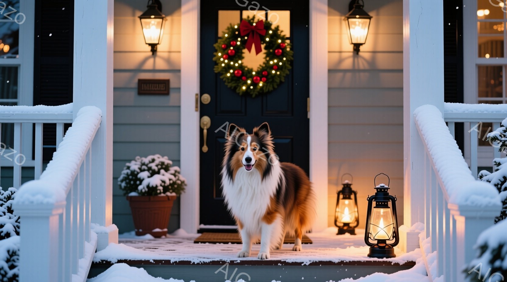 白と茶色の美しいコリー犬が、雪で覆われた家の玄関前に凛々と立っている。玄関には赤い実と葉で飾られたクリスマスリースがかけられ、両脇には灯りのともったランタンが暖かな光を放っている。雪が降り積もり、背景 - AI生成フリー素材