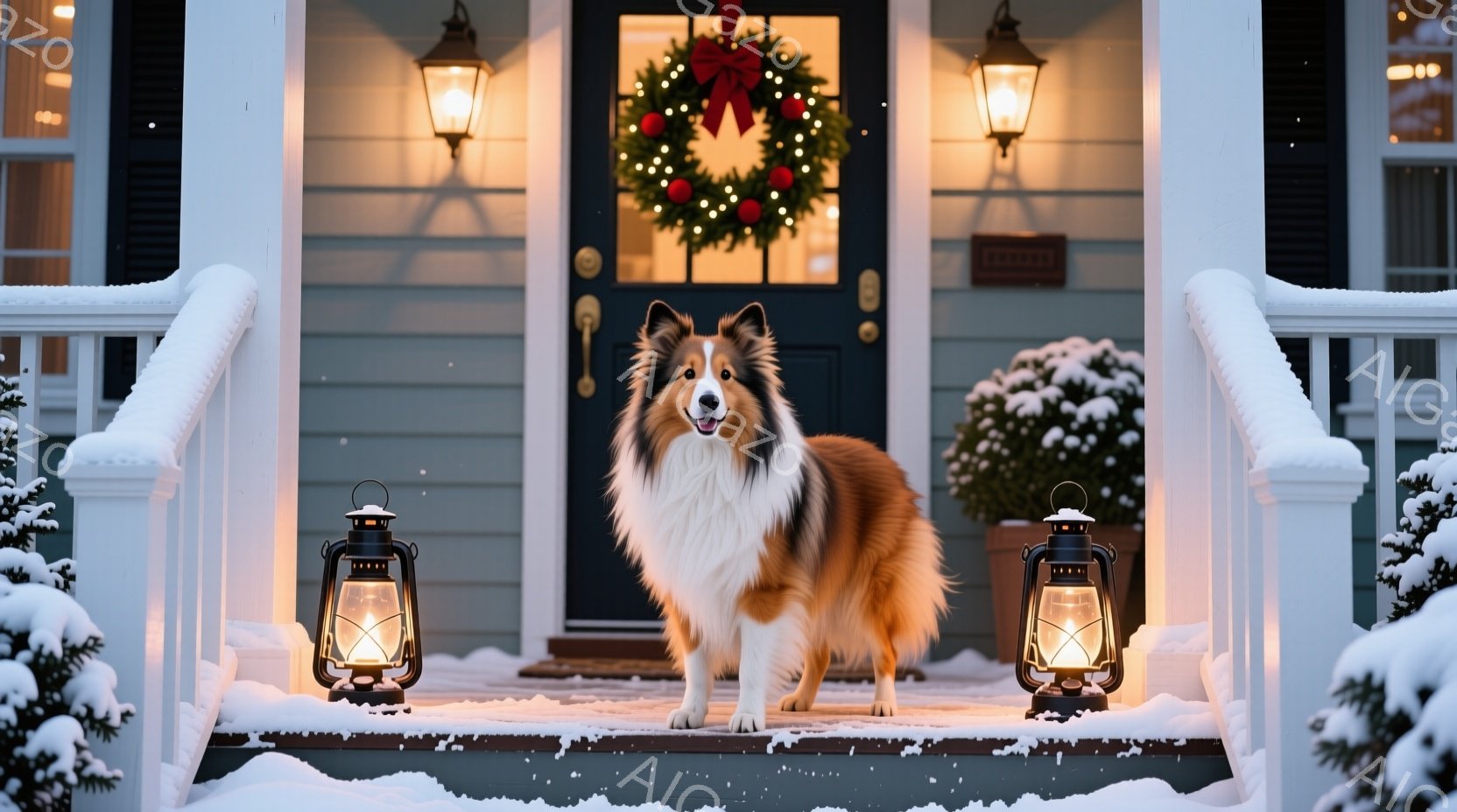 白い斑点のある茶色のコリー犬が、雪で覆われた家の階段に立っています。背景にはクリスマスのリースが飾られた玄関ドアがあり、両脇には灯りが灯ったランタンが置かれ、冬の温かい雰囲気を醸し出しています。雪が降 - AI生成フリー素材