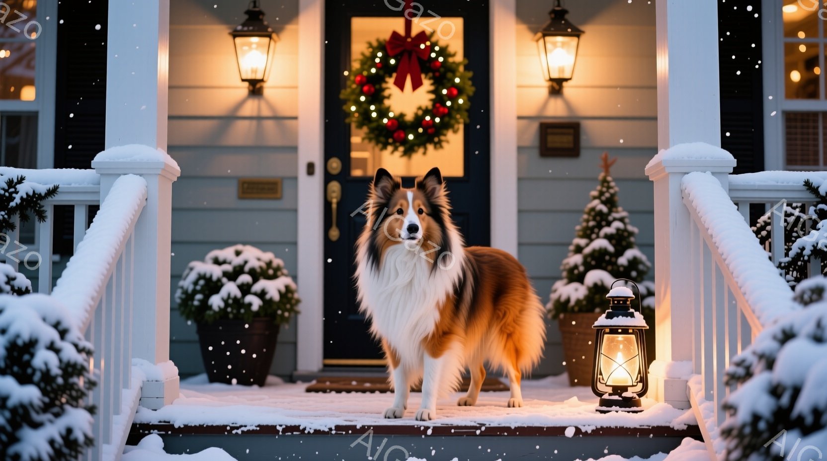 雪が降る中、玄関の階段に毛並みの美しいシェットランドシープドッグが立っている。背景にはクリスマスリースが飾られた玄関ドア、雪で覆われた花壇、そして灯りのついたランタンが見える。全体的に温かく、クリスマスの雰囲気が漂う、穏やかな情景である。