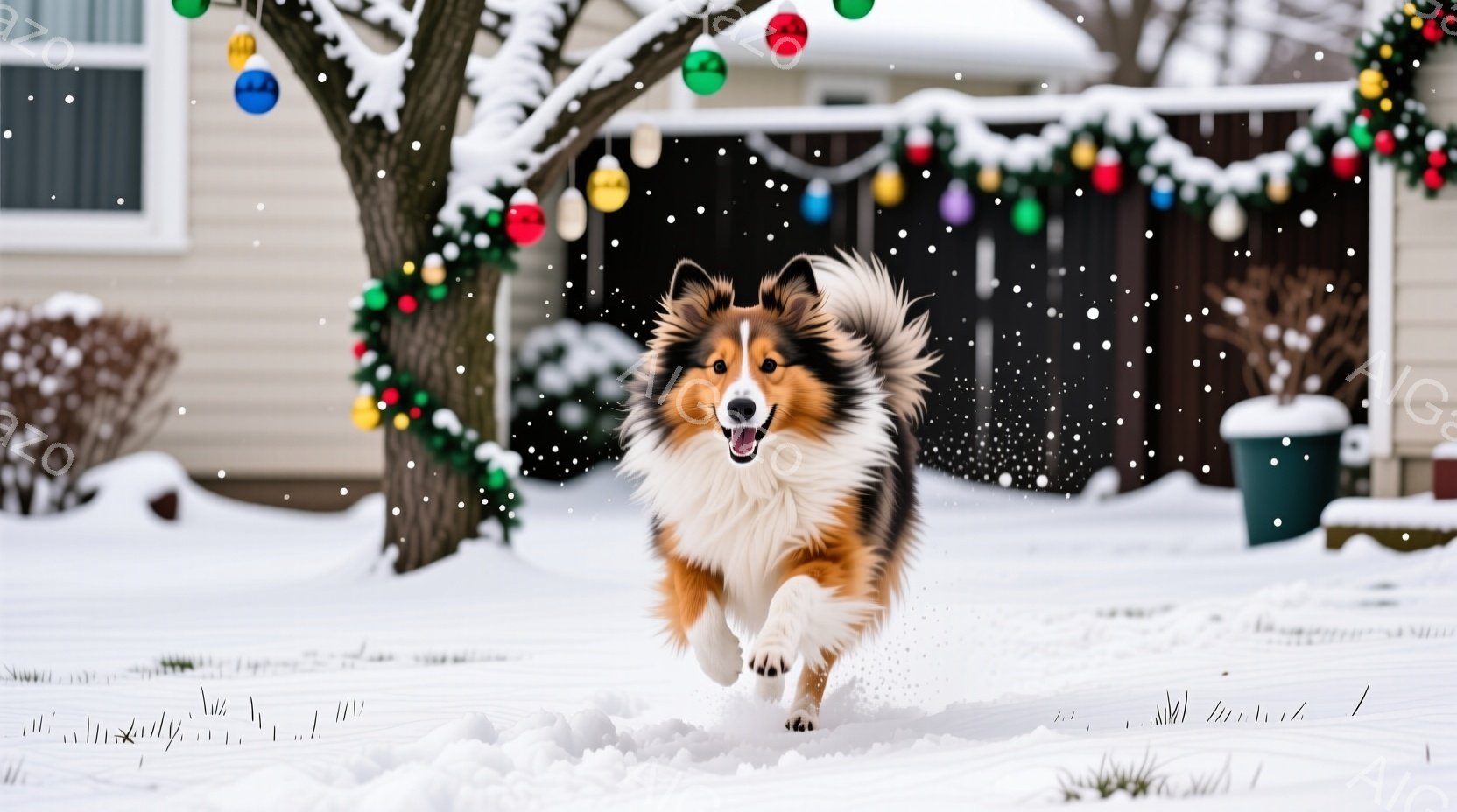 雪景色の中を、茶色と白の毛並みを持つシェットランドシープドッグが、楽しそうに駆け抜けている。背景には白い家と、クリスマス飾りの電飾が輝き、冬の暖かく幸せな雰囲気を演出している。雪は降り積もり、犬の足跡 - AI生成フリー素材
