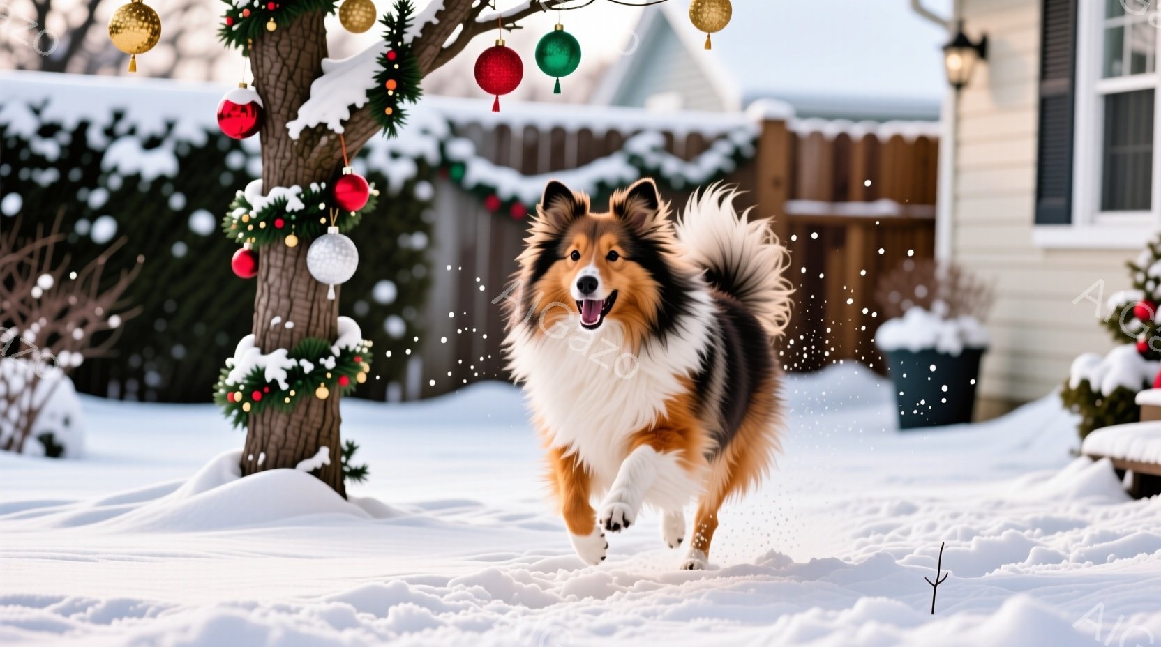 雪景色の中で、茶色と白のシェットランドシープドッグが楽しそうに駆け抜けている。背景にはクリスマスデコレーションが施された木と、雪に覆われた家々が見え、冬の暖かく楽しい雰囲気が漂う。犬は口を開けて舌を出 - AI生成フリー素材