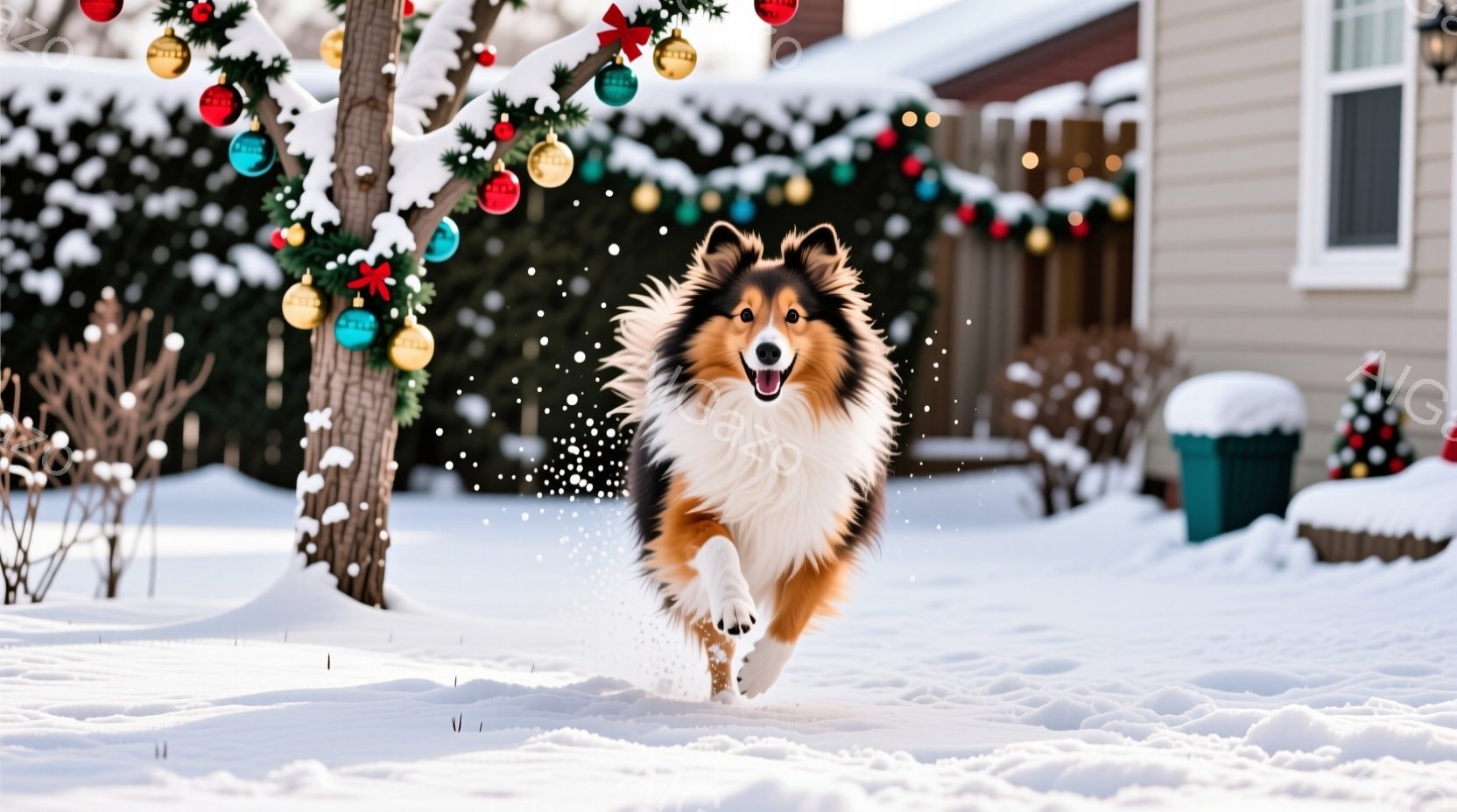 雪が降る庭で、コリー犬が嬉しそうに走り回っている。背景にはクリスマス飾りで彩られた緑の茂みと、雪で覆われた家が見える。暖かく、楽しい冬の雰囲気が漂う、幸せな瞬間を捉えた写真だ。