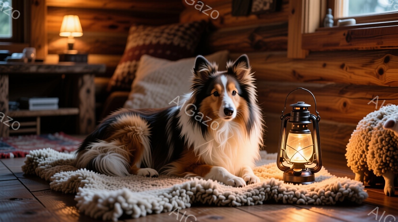 暖炉のある木造コテージの床に、美しい毛並みのシェットランドシープドッグがリラックスして横たわっています。犬の周りには、手編みの白いラグと、温かい光を放つ古いランタンが置かれ、室内は落ち着いた雰囲気に包まれています。背景には、装飾的な枕が置かれたソファが見え、全体的に暖かく心地よい空間が演出されています。