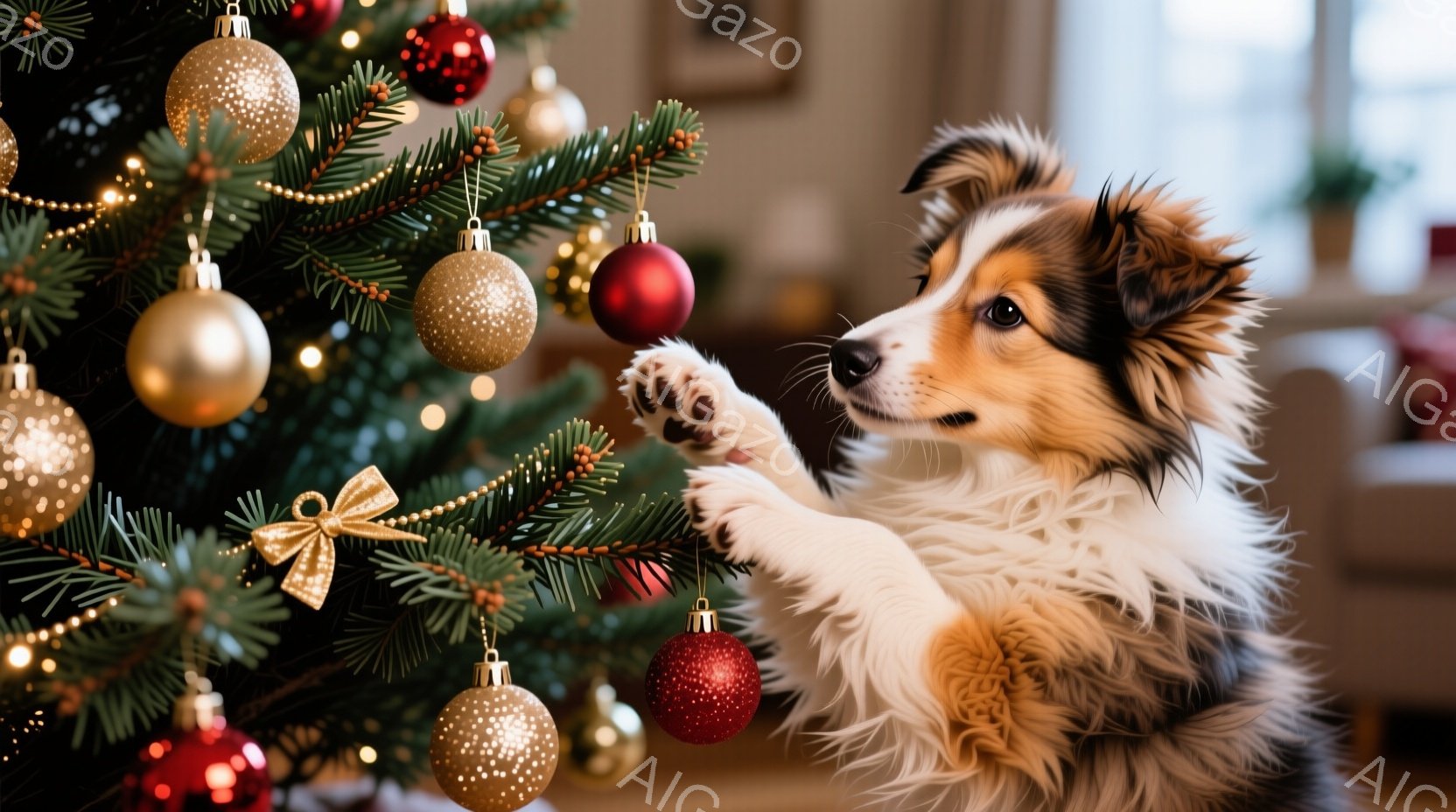 クリスマスツリーの枝に、茶色と白のシェットランドシープドッグが前足を伸ばして赤いオーナメントに触れようとしています。犬は好奇心旺盛な表情で、ツリーの緑豊かな葉と金色のオーナメントに囲まれています。背景 - AI生成フリー素材