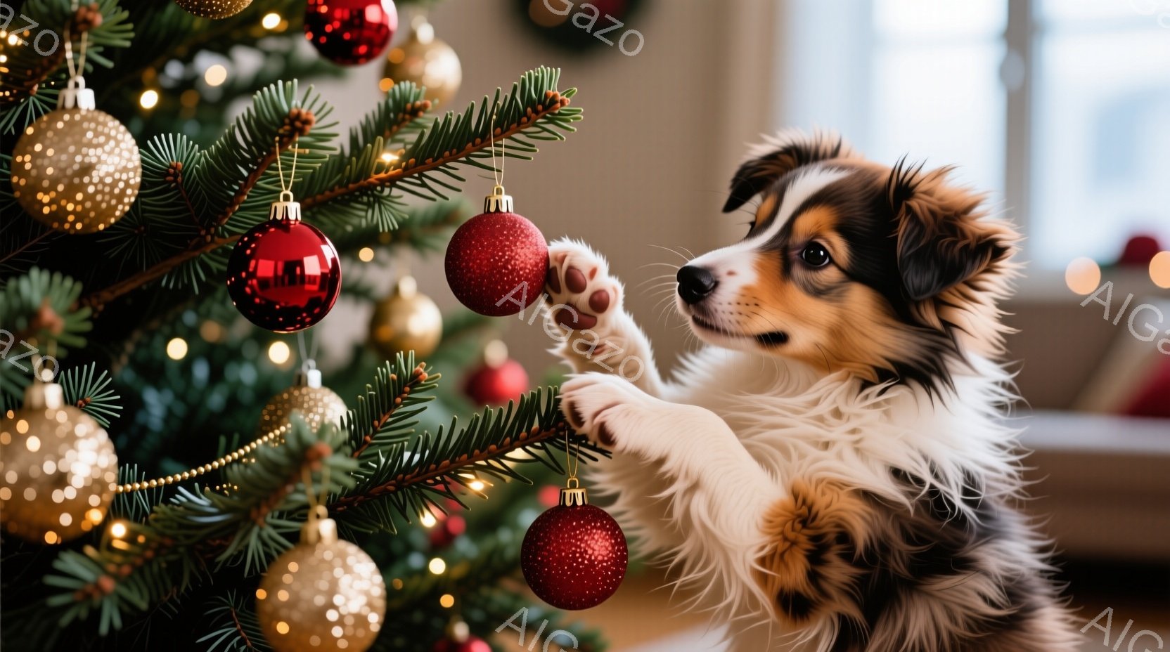 クリスマスツリーの枝に、ふわふわの毛並みのコリー犬の子犬が前足を伸ばして触れようとしています。赤や金色のオーナメントが輝き、子犬は興味津々とした表情でオーナメントを見つめています。背景はぼやけています - AI生成フリー素材