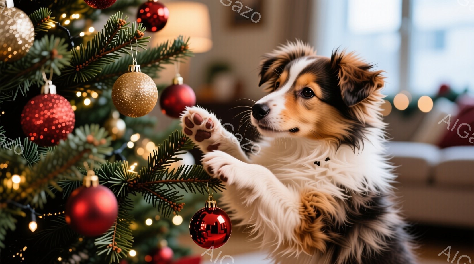 クリスマスツリーの枝に小さな犬が前足を伸ばして触れようとしています。犬は茶色と白の毛並みで、好奇心旺盛な表情で、まるで飾りを見ようとしているかのようです。背景にはぼやけた室内が見え、暖かい光が灯り、お - AI生成フリー素材