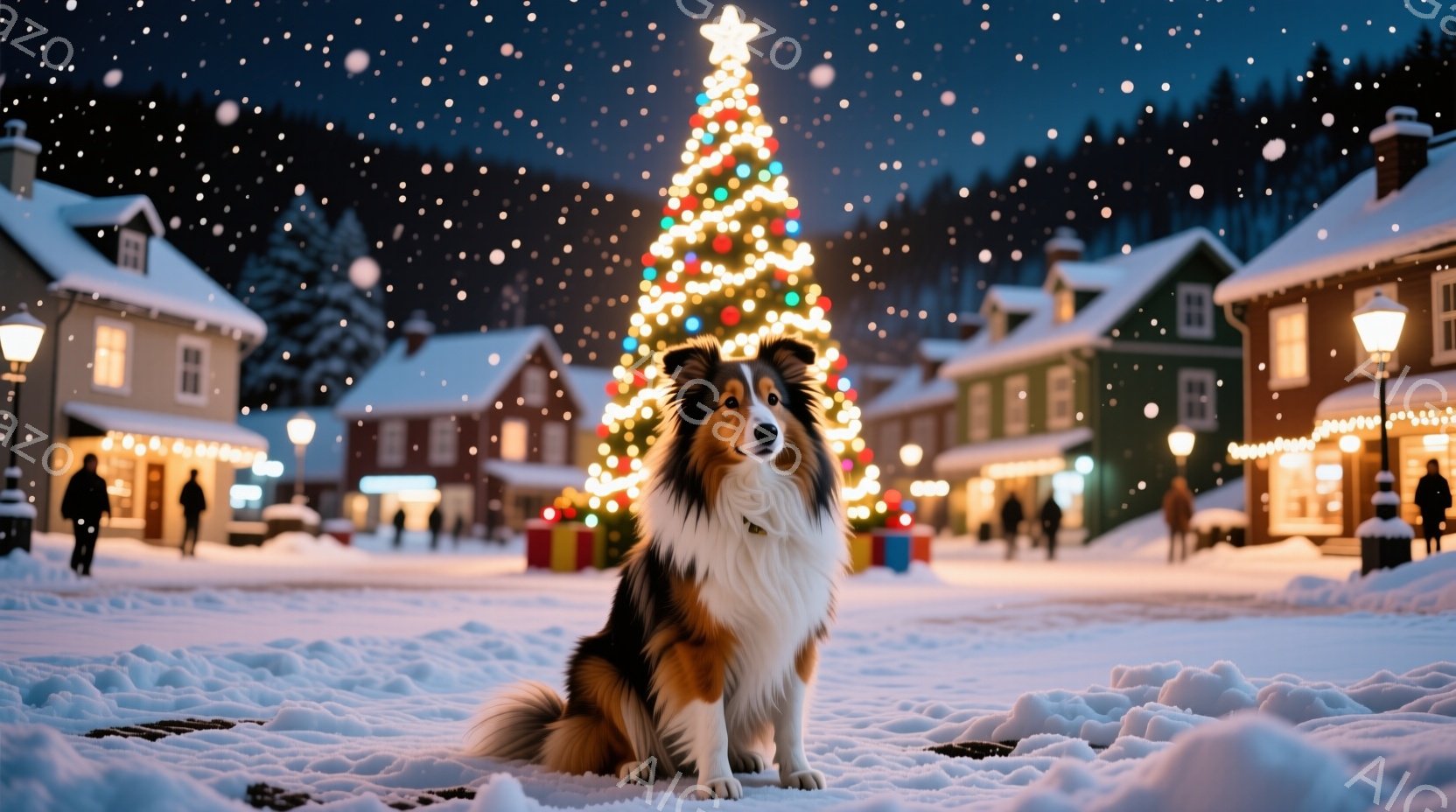雪が降り積もる街の中心に、美しいコリー犬が座っています。犬は茶色と白の毛並みで、首輪をつけており、穏やかな表情でこちらを見ています。背景には、クリスマスツリーが輝き、街の建物が雪景色の中に並び、暖かく - AI生成フリー素材