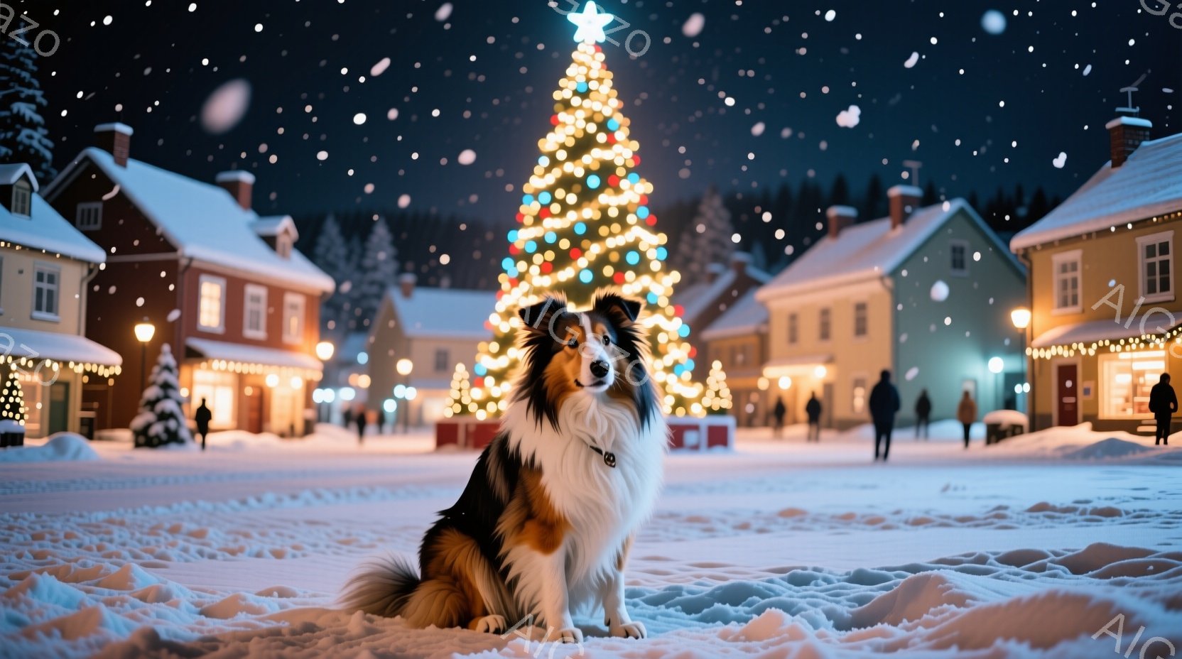 雪が降り積もる夜の街並みを背景に、美しいコリー犬が座っています。犬は黒と白の毛並みで、首輪をしています。背景には、クリスマスツリーが輝き、建物は温かい光で照らされ、静かで心温まる冬の雰囲気が漂っていま - AI生成フリー素材