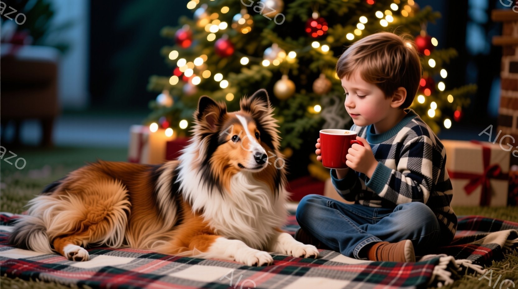 茶色と白の美しいコリー犬が、赤いチェック柄の敷物の上で横たわっています。少年は膝を抱え、赤いマグカップを手に持っており、温かい飲み物を楽しんでいるようです。背景にはクリスマスツリーが飾られ、プレゼント - AI生成フリー素材