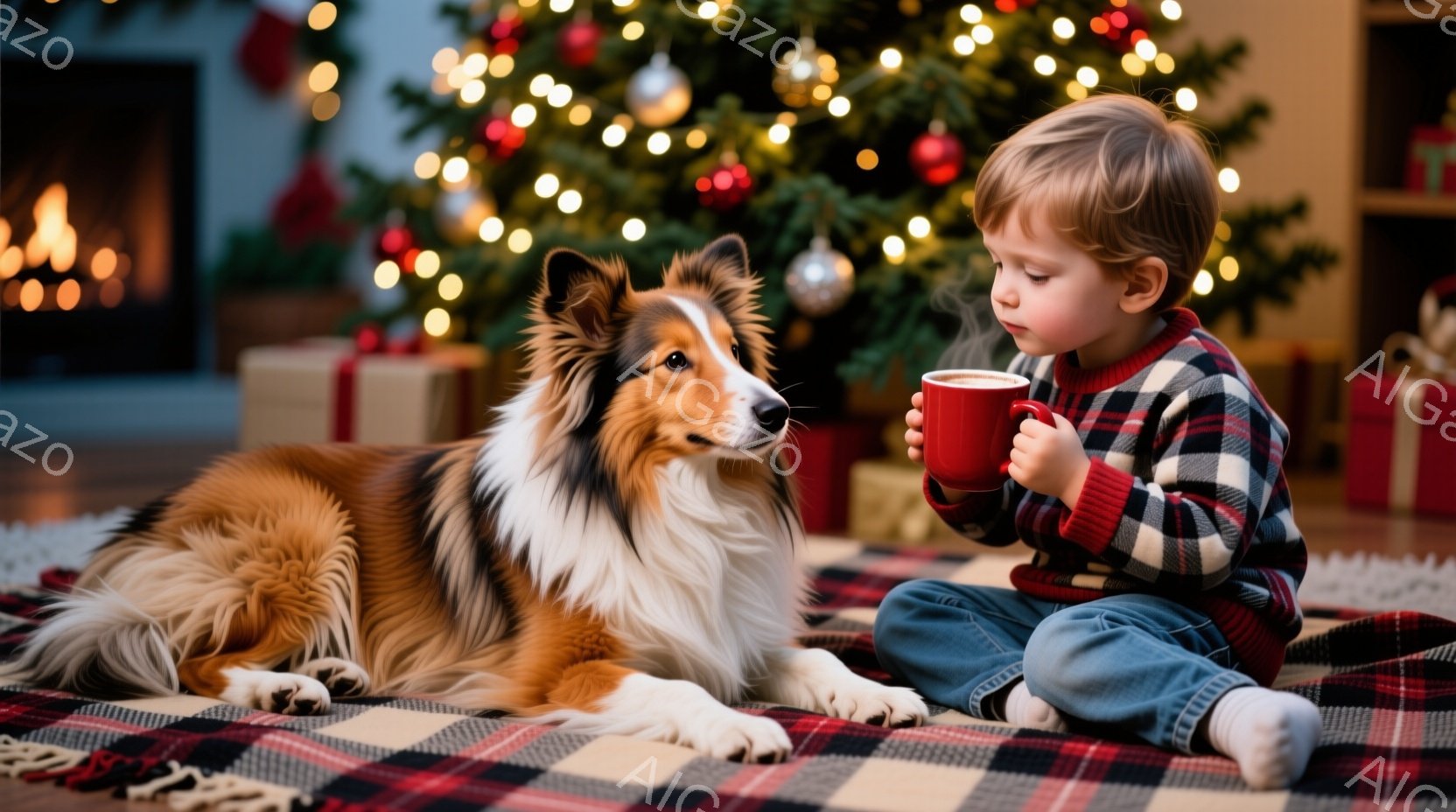 赤毛のコリー犬がチェック柄の敷物の上で横たわり、小さな男の子が赤いマグカップを持って座っています。男の子はチェック柄のシャツとジーンズを着ており、温かい飲み物を楽しんでいるように見えます。背景にはクリ - AI生成フリー素材