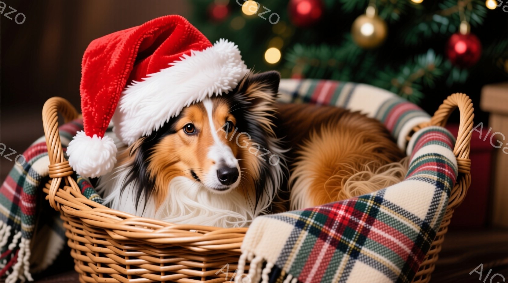 長毛のコリー犬が、つる編みのバスケットに丸まって横たわっています。犬は赤いサンタの帽子をかぶり、リラックスした表情で正面を見ています。背景にはクリスマスツリーの緑とオーナメント、そしてプレゼントボック - AI生成フリー素材