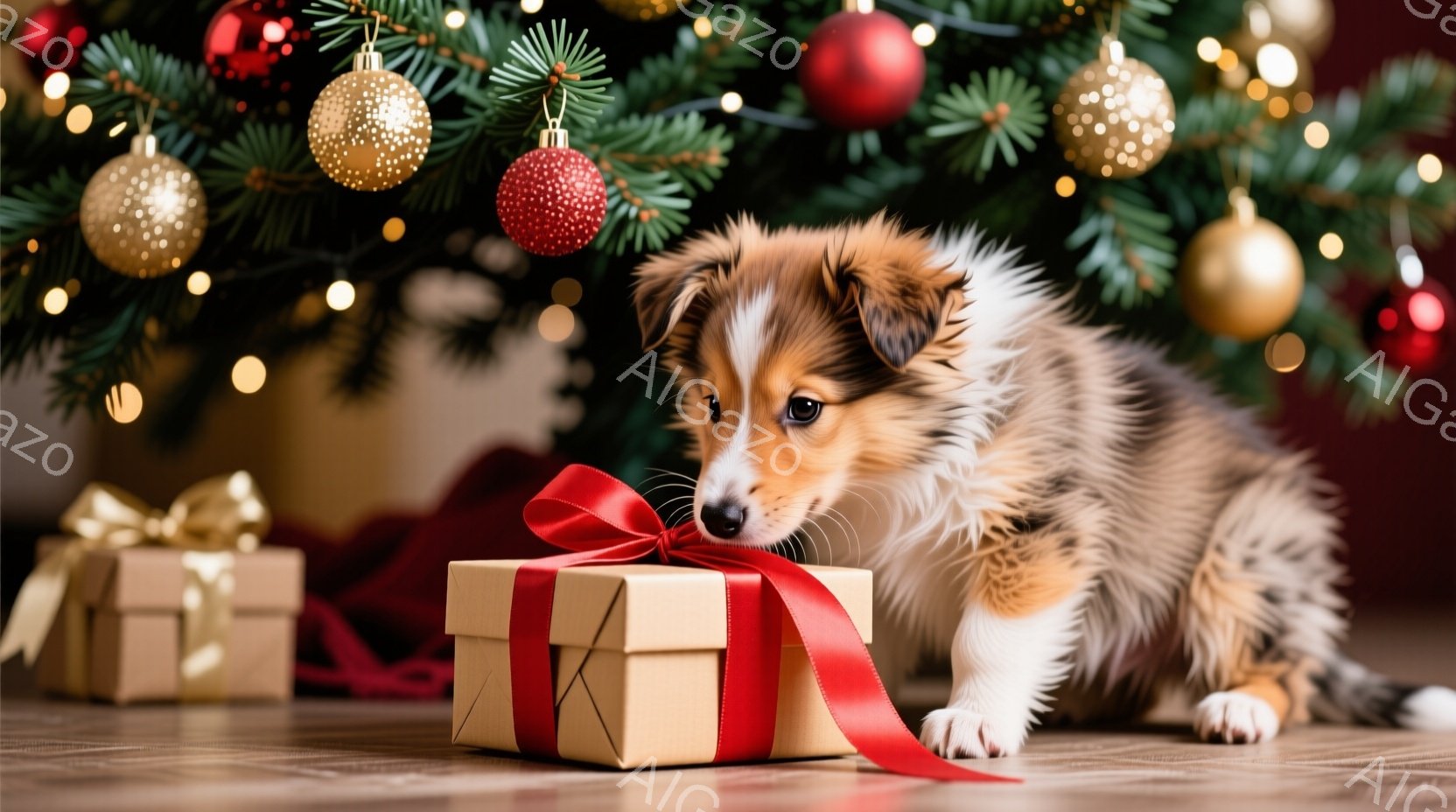 暖炉のそばにプレゼントが置かれ、その隣に座っているのは、ふわふわの毛並みを持つ子犬です。子犬はプレゼントのリボンを興味深そうに見つめており、その姿勢は遊び心に満ちています。背景には、輝くオーナメントで - AI生成フリー素材