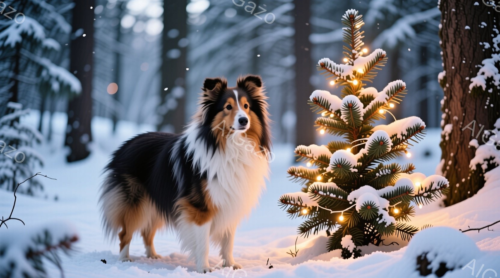 白と黒の毛並みを持つコリー犬が雪景色の中で立っており、その隣には雪化粧したクリスマスツリーが飾られています。犬は正面を向き、穏やかで落ち着いた表情をしています。背景には雪で覆われた木々が立ち並び、穏や - AI生成フリー素材