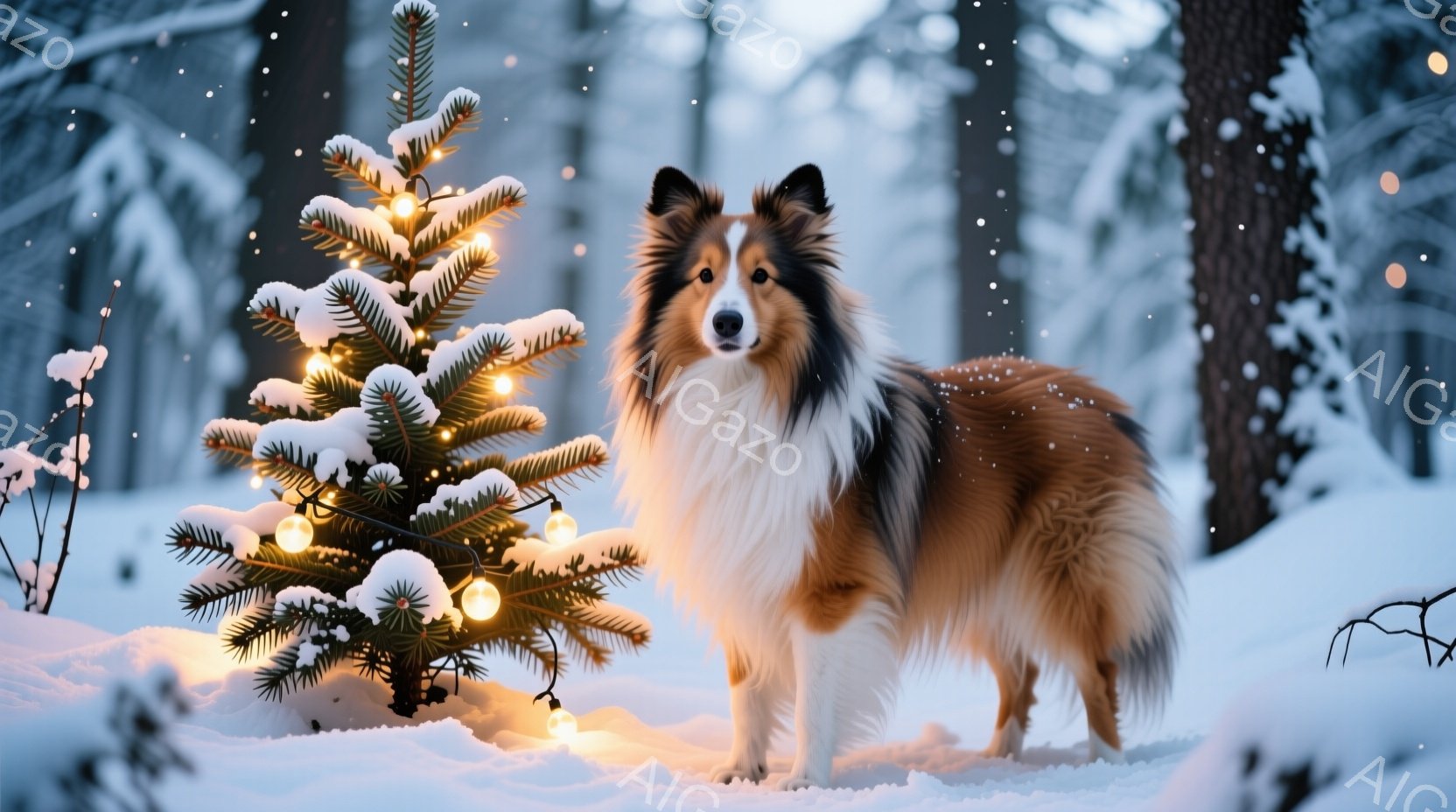 コリー犬が雪景色の中で、小さな飾り付けられたクリスマスツリーの横に立っている。犬は茶色と白の毛並みで、雪が少し付いており、静かにカメラを見ている。背景は雪に覆われた森林で、冬の穏やかで幻想的な雰囲気を - AI生成フリー素材