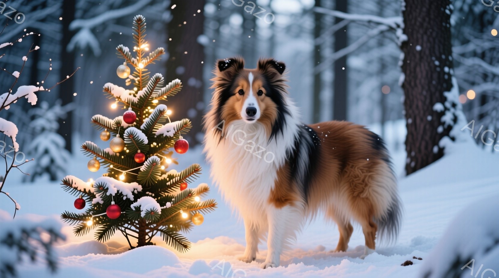 雪景色の中に、クリスマスツリーとコリー犬が写っています。犬は茶色と白の毛並みで、まっすぐに立ってカメラの方を見ており、穏やかな表情をしています。背景は雪に覆われた森林で、ツリーの電飾が暖かく光り、冬の - AI生成フリー素材