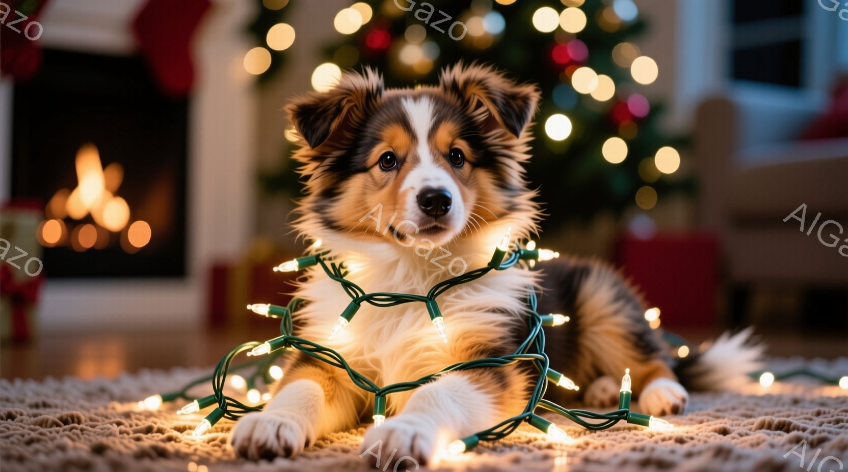 白と茶色の毛並みを持つ子犬が、きらめくクリスマスライトに身を包み、床に横たわっています。ライトは子犬の周りを巻き付け、暖かく居心地の良い雰囲気を醸し出しています。背景には、明るい装飾が施されたクリスマ - AI生成フリー素材