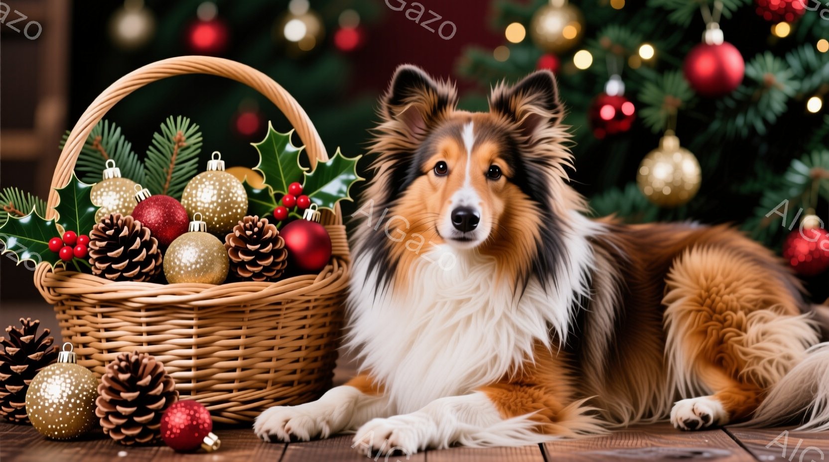 コリー犬が木製の床に横たわり、隣には松ぼっくりとクリスマスオーナメントでいっぱいの籐のバスケットがあります。犬は茶色と白の毛並みで、穏やかでリラックスした表情をしています。背景にはぼやけたクリスマスツ - AI生成フリー素材