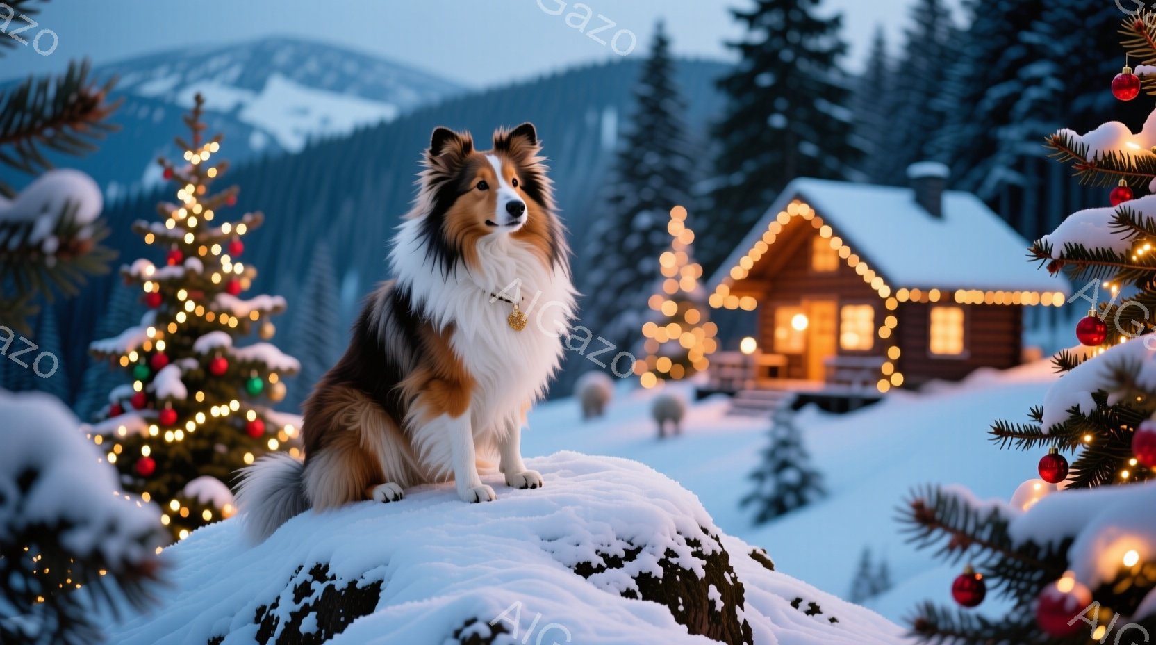 長い毛並みのコリー犬が、色鮮やかなペルシャ絨毯の上に横たわっている。犬は正面を見つめ、穏やかでリラックスした表情を浮かべている。暖炉の火が背景にぼんやりと見え、部屋全体が温かく落ち着いた雰囲気に包まれ - AI生成フリー素材