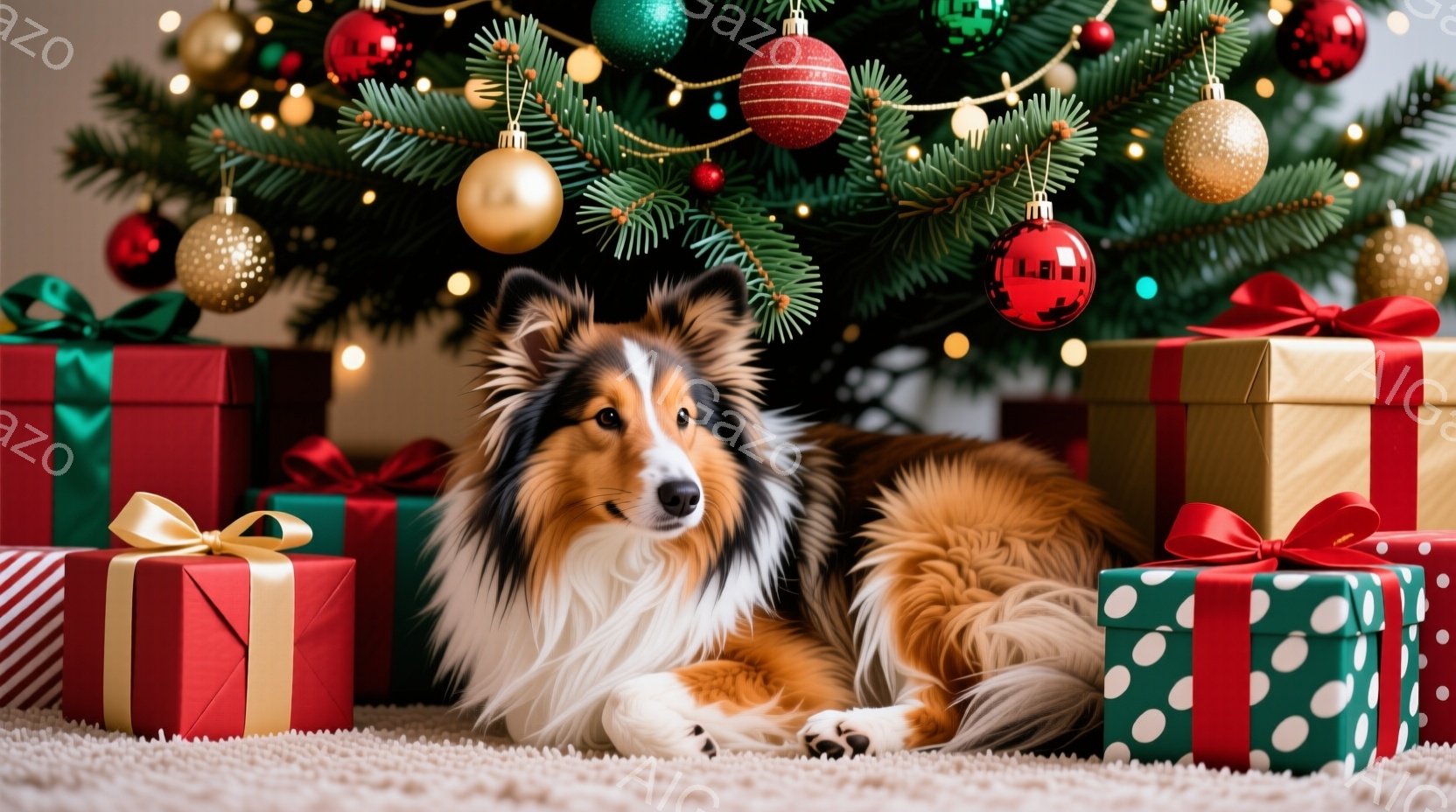 長毛のコリー犬が、クリスマスツリーの足元に置かれたプレゼントの山の中に横たわっています。犬は茶色と白の毛並みで、落ち着いた表情でカメラを見つめています。背景には緑のクリスマスツリーが飾られ、赤、金、緑 - AI生成フリー素材