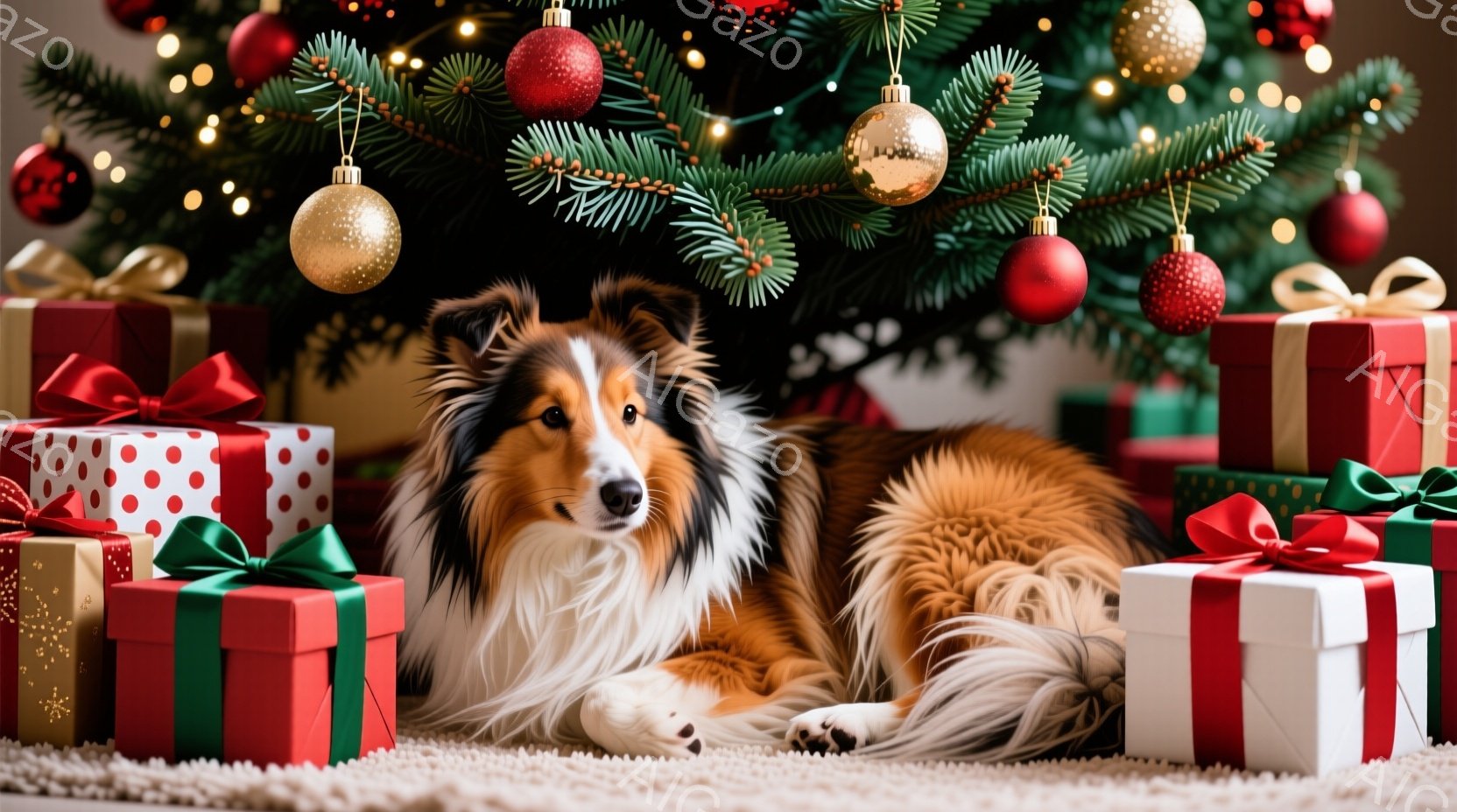 コリー犬がクリスマスツリーの下に置かれたプレゼントの山の中に横たわっています。犬は茶色と白の毛並みで、穏やかな表情でカメラを見つめています。背景には緑豊かなクリスマスツリーと、赤、緑、白のリボンで飾ら - AI生成フリー素材
