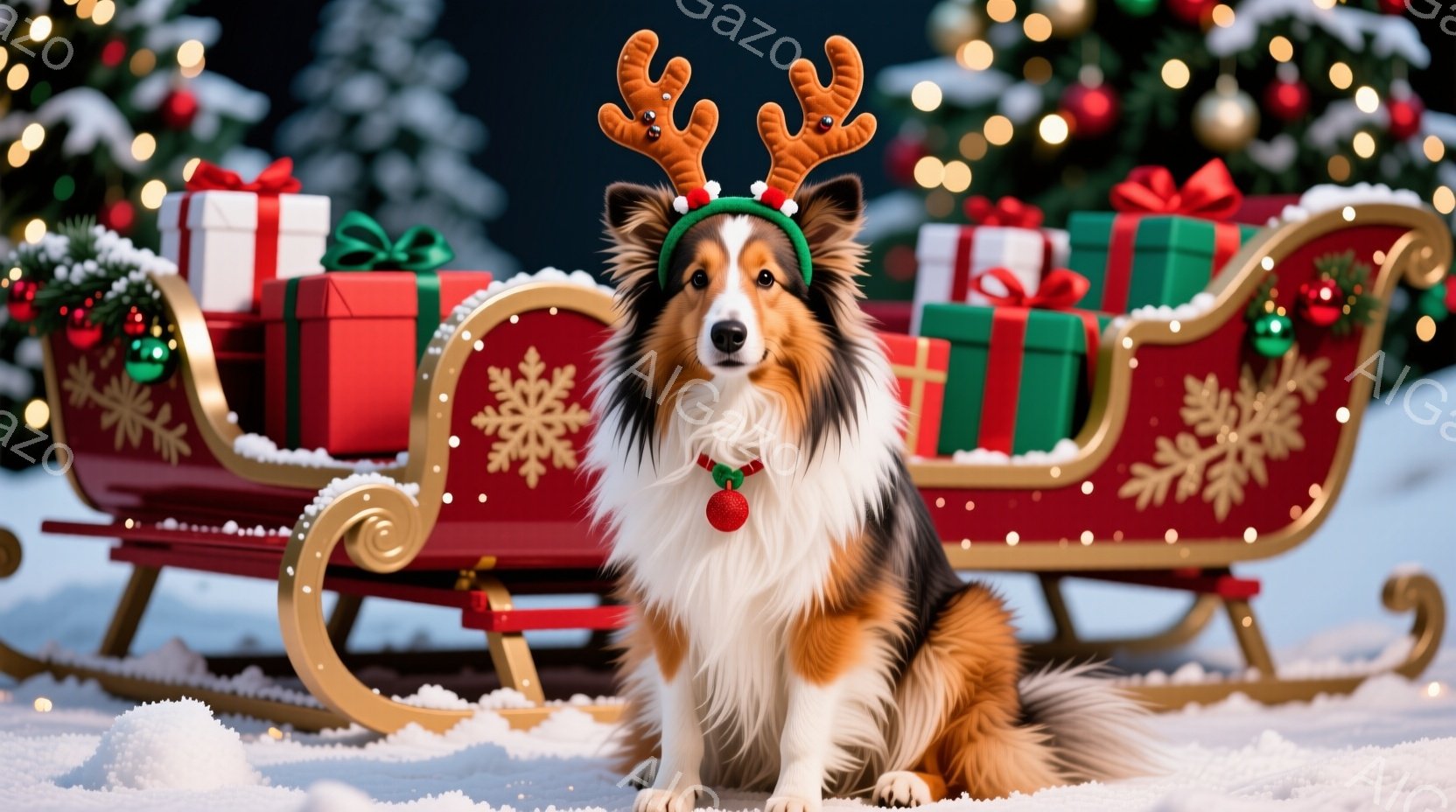 シェットランド・シープドッグが、クリスマスをテーマにしたソリの前に座っています。犬は角のついたヘッドバンドと赤い首輪をつけており、落ち着いた表情で正面を見ています。背景には、プレゼントの箱が積まれた豪華な赤いソリと、キラキラと輝くクリスマスツリーが広がっており、雪が降り積もる冬のワンダーランドの雰囲気が漂います。