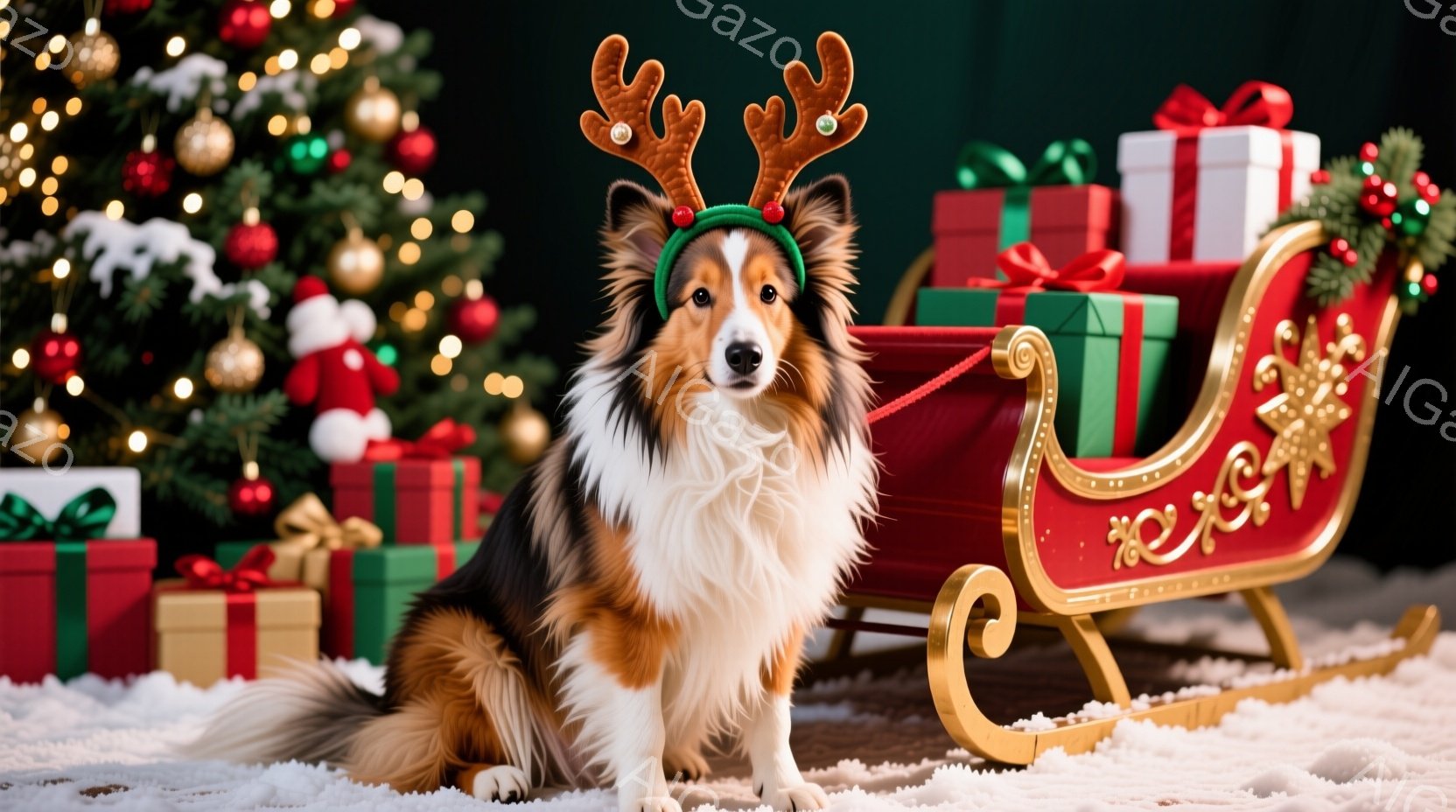 長毛のコリー犬が、赤いそりに座ってカメラを見つめています。頭にはトナカイの角が生えたカチューシャがついており、背景にはクリスマスツリーとプレゼントの山が飾られています。全体的に暖かく、幸せなクリスマス - AI生成フリー素材