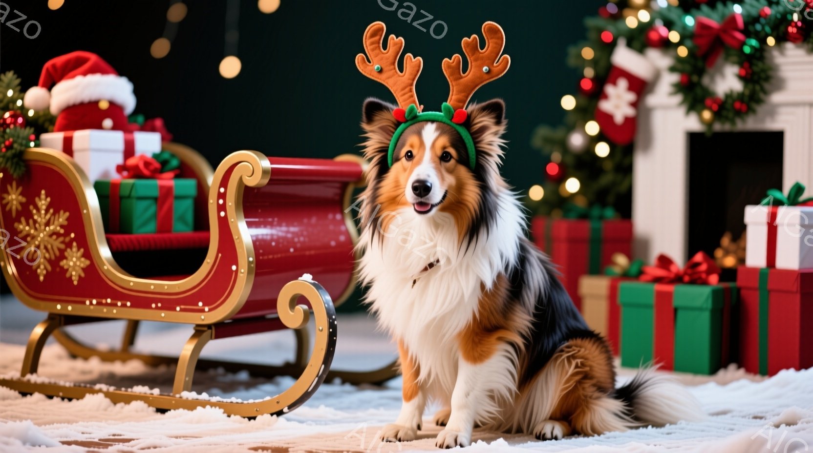 白と茶色のボーダーコリーが、赤いトナカイの角のヘッドバンドをつけて座っています。背景には、プレゼントボックスが積み重なり、赤いソリ、クリスマスツリー、暖炉が見え、雪が降っているような白い地面が広がって - AI生成フリー素材