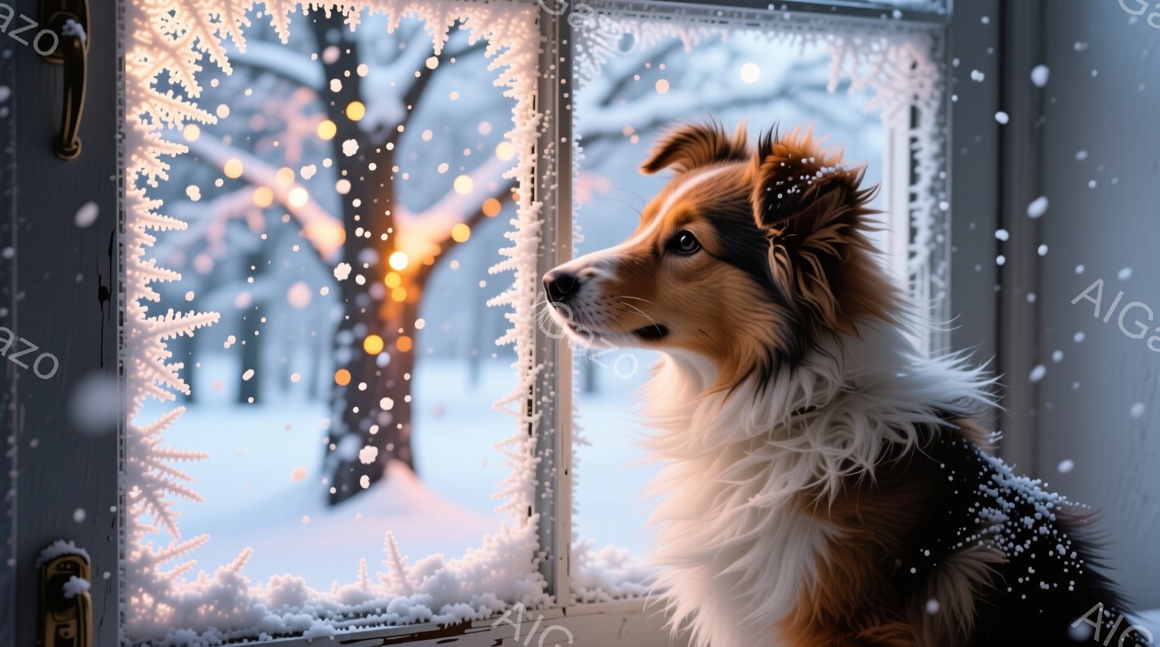 美しいシェットランドシープドッグが、雪で覆われた窓枠に寄りかかり、外を眺めている。窓の外には、雪景色の中にぼんやりと光る木々が見え、幻想的な雰囲気を醸し出している。暖かな光が室内を照らし、犬の毛並みと - AI生成フリー素材