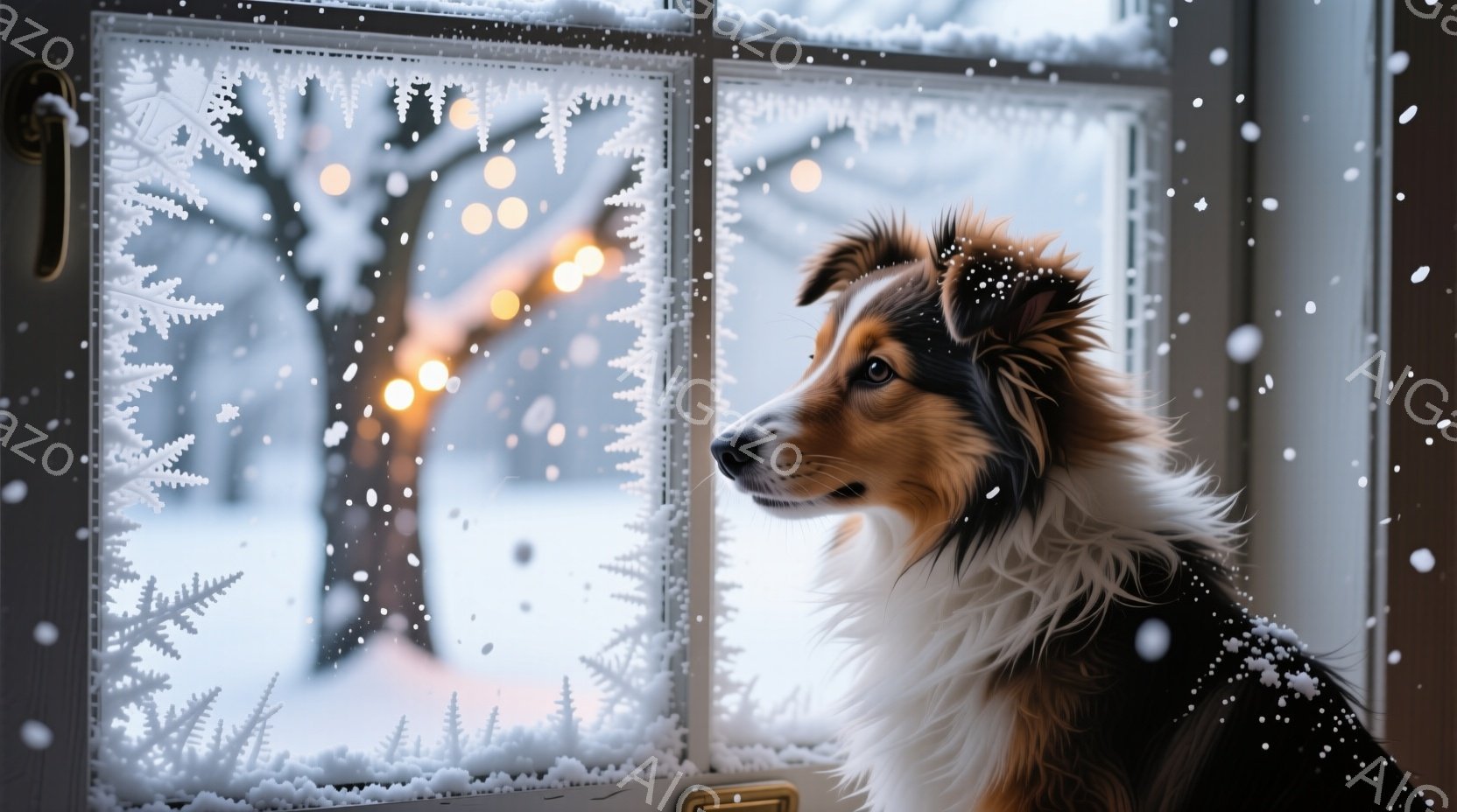 窓辺に、毛並みの美しいコリー犬が横顔を見せています。外は雪景色で、窓には繊細な雪の結晶の模様が描かれ、暖かな光が灯る木々がぼんやりと見えます。全体的に温かく、穏やかな冬の雰囲気が漂う、心安らぐ光景です - AI生成フリー素材