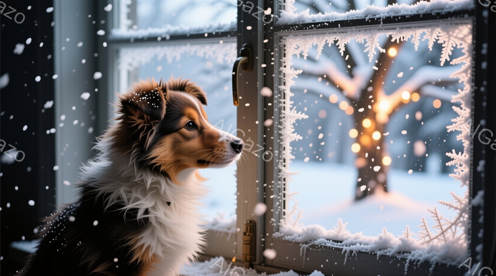 長毛のトライカラーのシェットランドシープドッグが窓枠に寄りかかり、雪景色を眺めている。窓ガラスには雪の結晶が描かれており、外は雪が降り積もり、遠くには光る木々が見える。暖かく穏やかな冬の雰囲気が漂う写真。