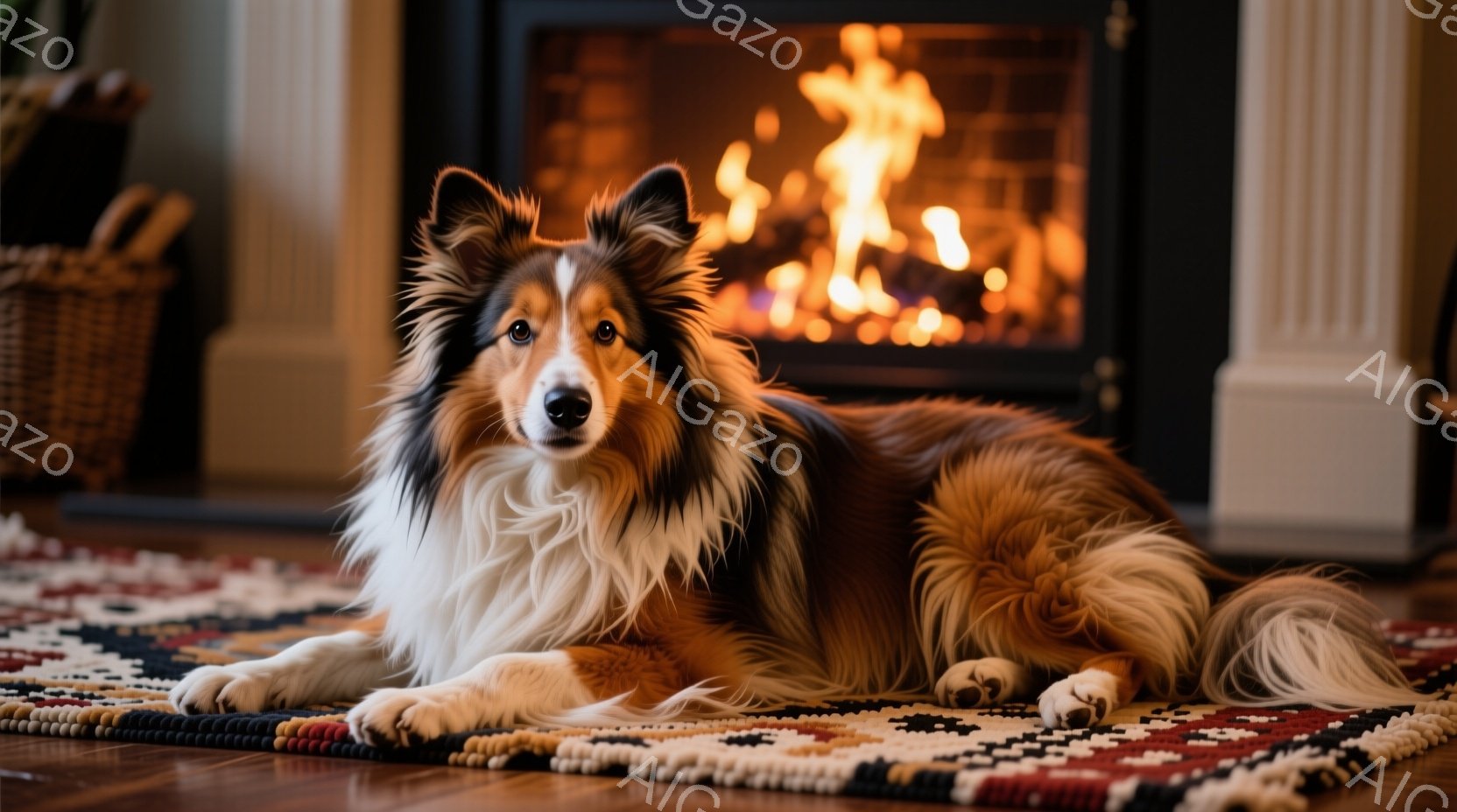 茶色と白の美しいコリー犬が、カラフルな絨毯の上でリラックスして横たわっています。背景には暖炉があり、炎が燃え盛って温かい雰囲気を醸し出しています。犬は正面を見つめており、落ち着いた表情で静かにくつろいでいる様子が伺えます。