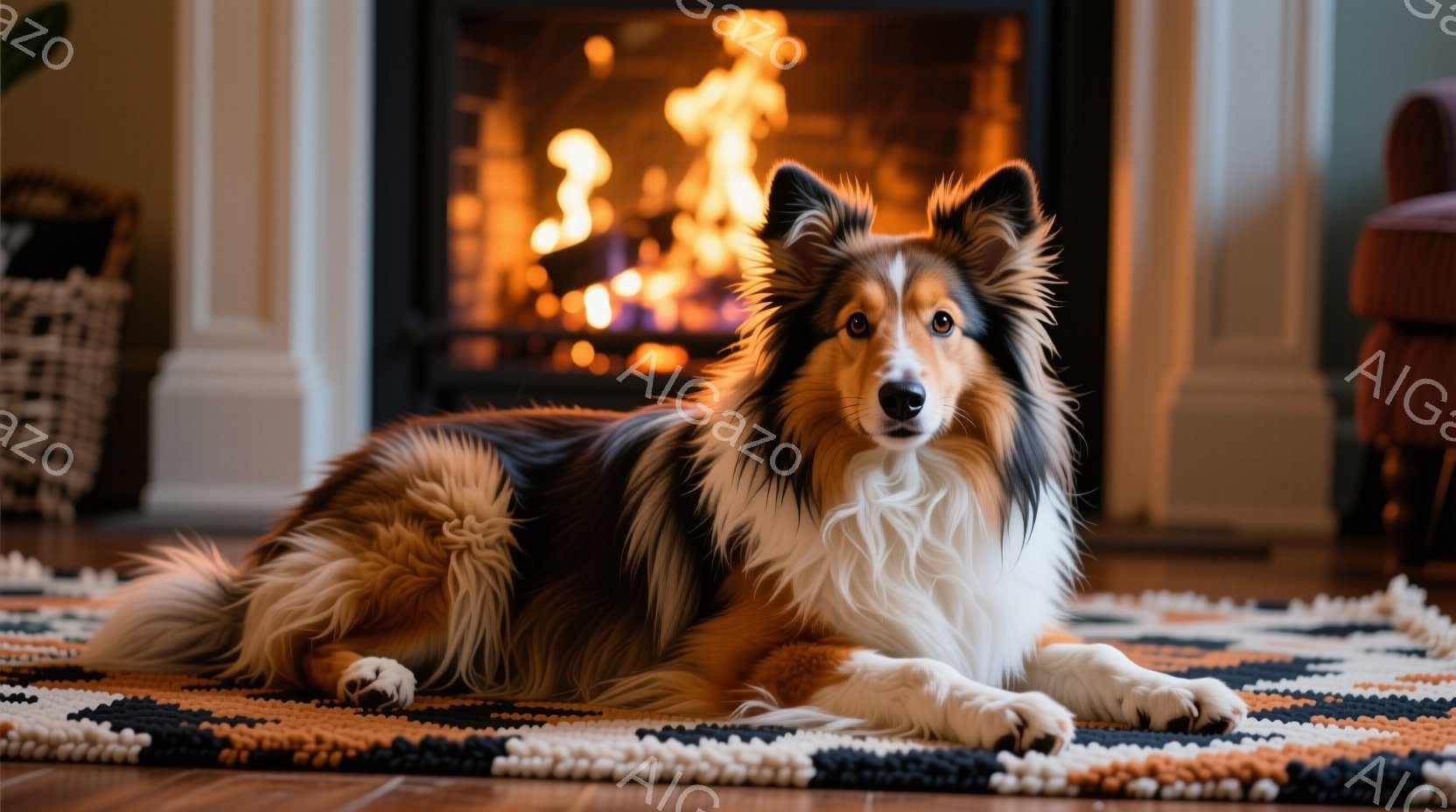 長毛のコリー犬が、カラフルな幾何学模様のラグの上に横たわっています。犬は落ち着いた表情でカメラを見つめており、リラックスした様子が伺えます。背景には暖炉があり、炎が燃えており、温かく居心地の良い雰囲気 - AI生成フリー素材