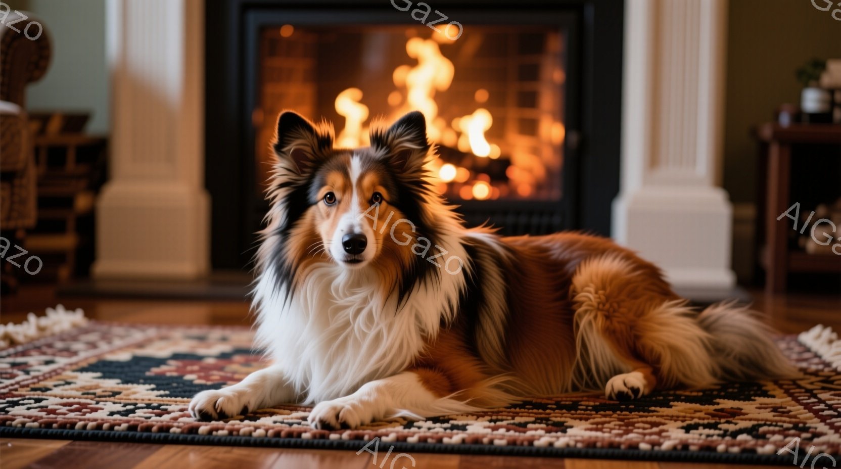 長毛のコリー犬が、色とりどりのペルシャ絨毯の上に横たわっています。犬は茶色と白の毛並みで、落ち着いた表情でカメラを見つめています。背景には暖炉があり、炎が燃え盛っていて、部屋全体を暖かく照らしています。