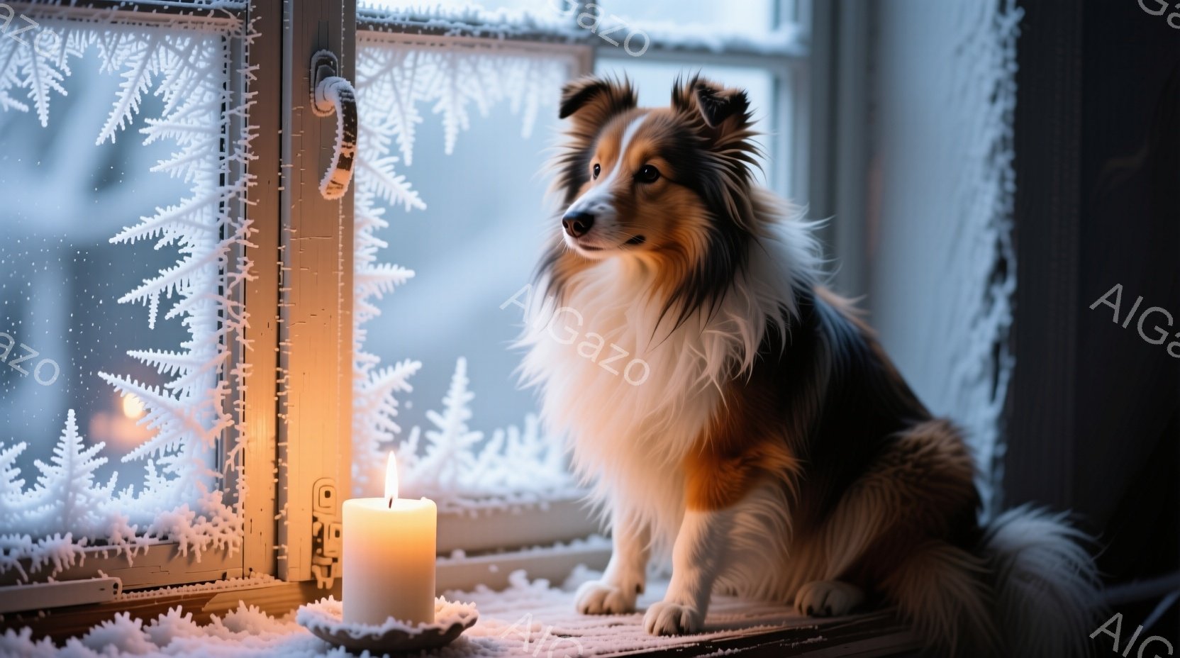 雪景色を背景に、窓辺に座った美しいシェットランドシープドッグが描かれています。犬は茶色と白の毛並みで、鋭い視線で何かを見つめており、その表情は少し物憂げです。窓には雪の結晶が描かれ、手前に置かれたロウソクが暖かな光を灯し、静かで冬の雰囲気を醸し出しています。