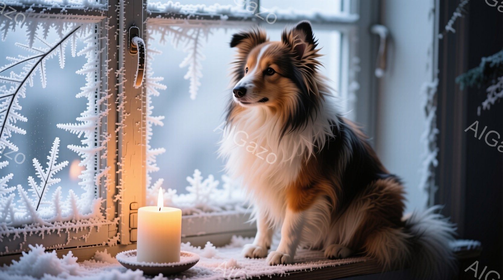 窓辺に座る美しいシェットランドシープドッグが写っています。雪の結晶が描かれた窓枠と、点灯したキャンドルが暖かな光を添え、冬の静寂と安らぎを感じさせる光景です。犬は落ち着いた表情で正面を見つめ、雪景色を眺めているようです。