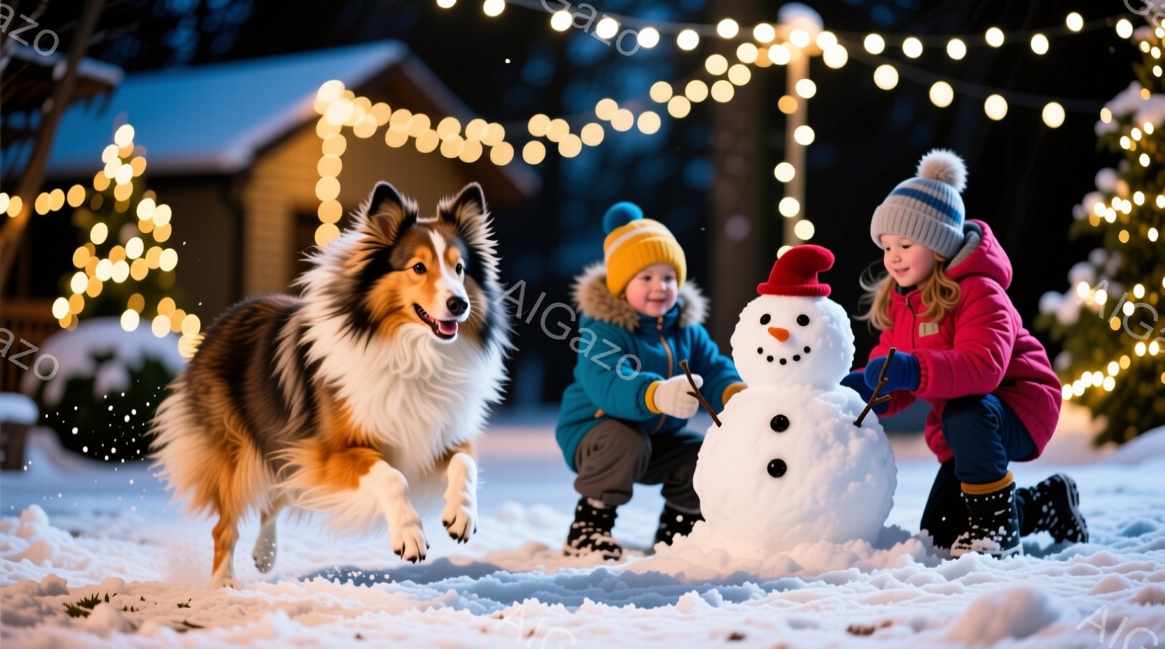 雪景色の中で、幼い男の子と女の子が雪だるまを作っています。男の子は青いジャケットと帽子を着用し、女の子はピンクのジャケットと帽子をかぶり、共に雪だるまの顔を作り、楽しそうにしています。背景には木々や家 - AI生成フリー素材