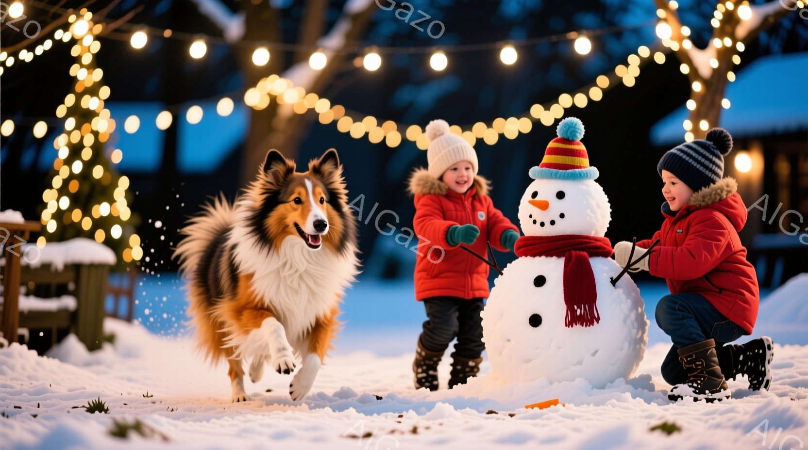 雪景色の中で、コリー犬が元気に走り、赤いコートを着た二人の子供たちが雪だるまを作っています。子供たちはそれぞれポンポン付きのニット帽をかぶり、雪だるまに枝や石を飾り付けています。背景には木々が見え、頭 - AI生成フリー素材