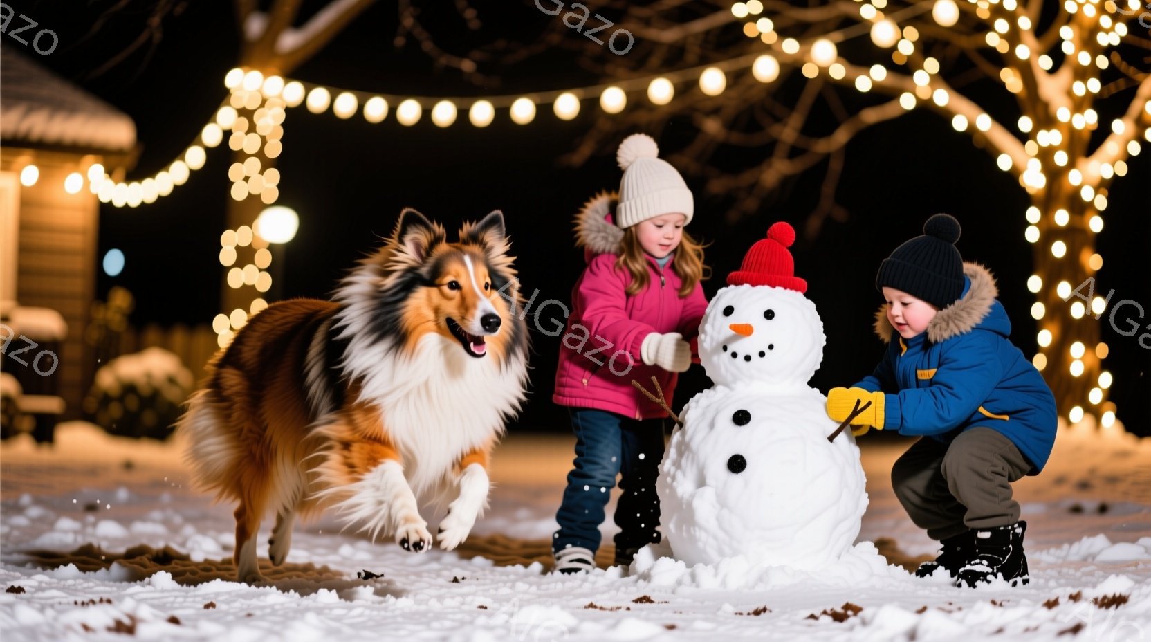 雪景色の中で、ピンクのジャケットと帽子をかぶった少女と、青いジャケットと帽子をかぶった少年が雪だるまを作っています。そばには、走っているコリー犬がおり、雪の上を元気に駆け回っています。背景には家が見え - AI生成フリー素材