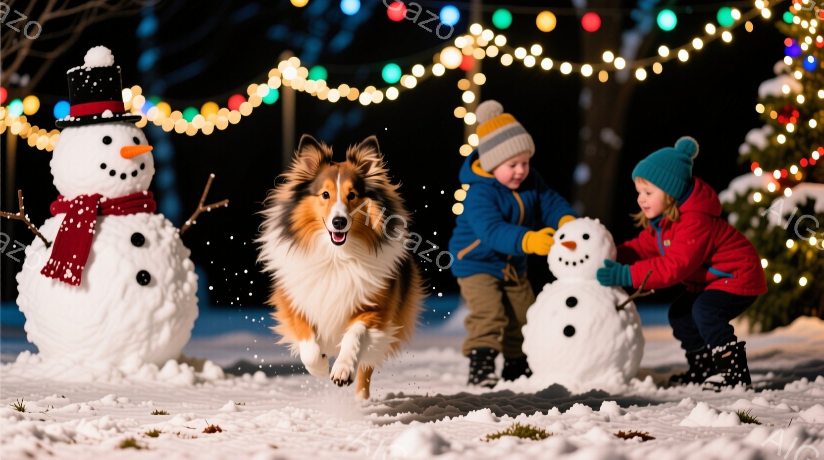 雪景色の中で、茶色と白のコリー犬が勢いよく走り、楽しんでいる様子が写っている。少年は青い帽子とジャケットを着て、少女は赤いジャケットを着て、雪だるみを作っている。背景には、キラキラと輝く電飾が飾られ、冬の暖かく楽しい雰囲気が漂っている。