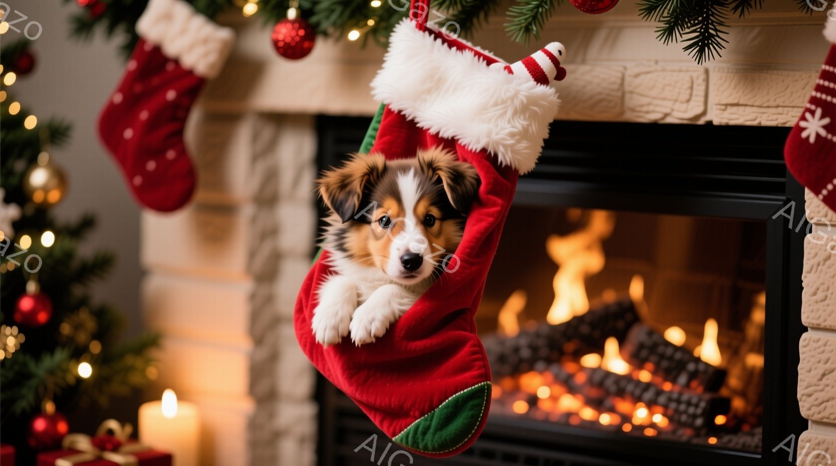 赤いクリスマスストッキングの中に、ふわふわの茶色と白のパピーがちょこんと座っています。パピーは前足をストッキングの外に出し、好奇心いっぱいの表情でこちらを見ています。背景には、暖炉の火が燃え盛っており - AI生成フリー素材