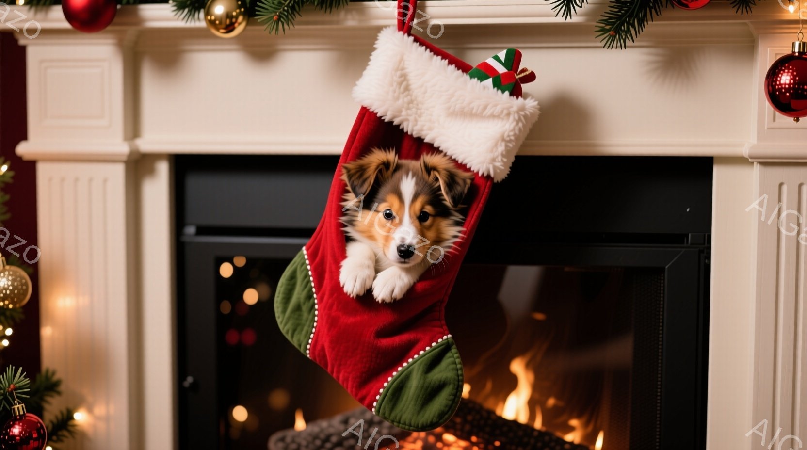 クリスマスストッキングの中に、小さなボーダーコリーの子犬が可愛らしく顔を出しています。子犬は前足をストッキングの縁にかけ、好奇心と少しの戸惑いの表情でこちらを見ています。背景には暖炉があり、炎が暖かく - AI生成フリー素材