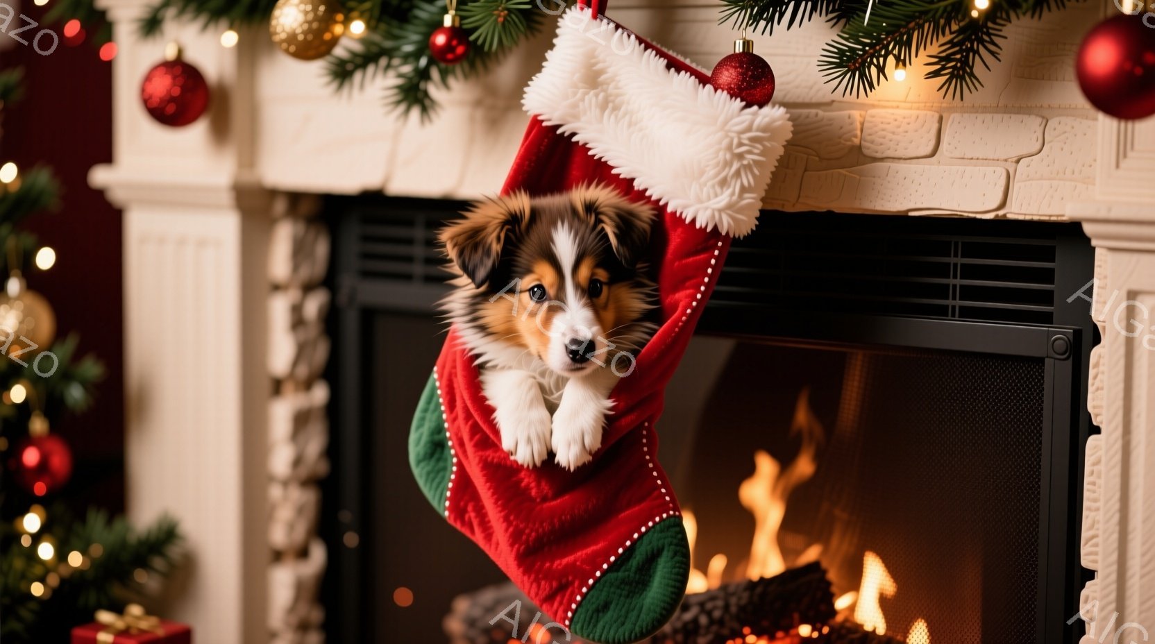 クリスマスソックスの中に、小さな茶色と白の犬が顔を出しています。犬は前足を出してソックスの縁につかまり、好奇心と遊び心にあふれた表情をしています。背景には、暖炉の火、クリスマスツリーの飾り、プレゼント - AI生成フリー素材